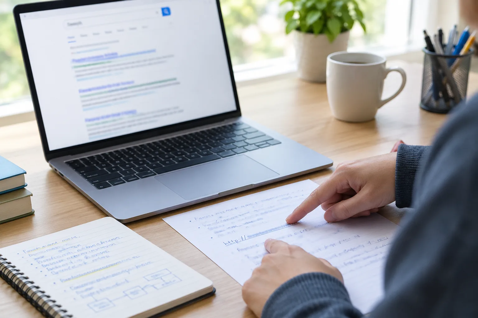 Des mains comparent des notes et une page de recherche affichée sur un ordinateur.
