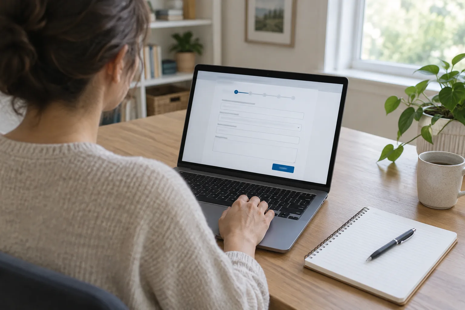 Une personne prépare une demande en ligne depuis son ordinateur, avec un carnet à portée de main.