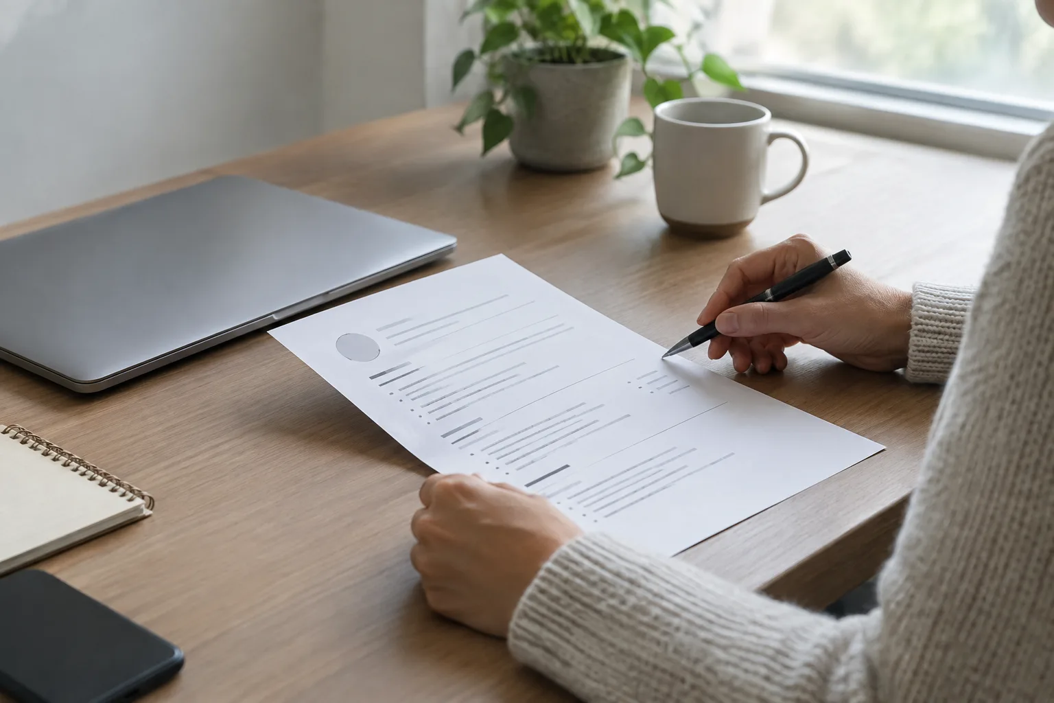 Une personne examine un CV imprimé à côté d’un ordinateur portable fermé.