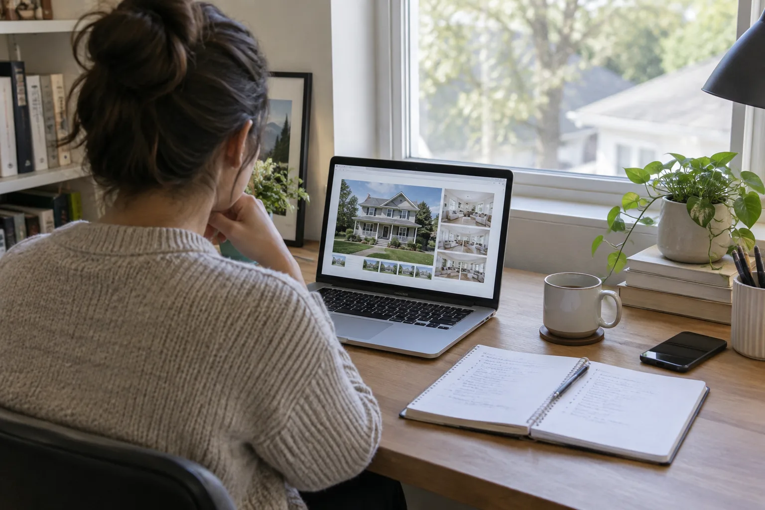Une personne consulte une ancienne annonce immobilière sur un ordinateur avant de préparer une demande de retrait.