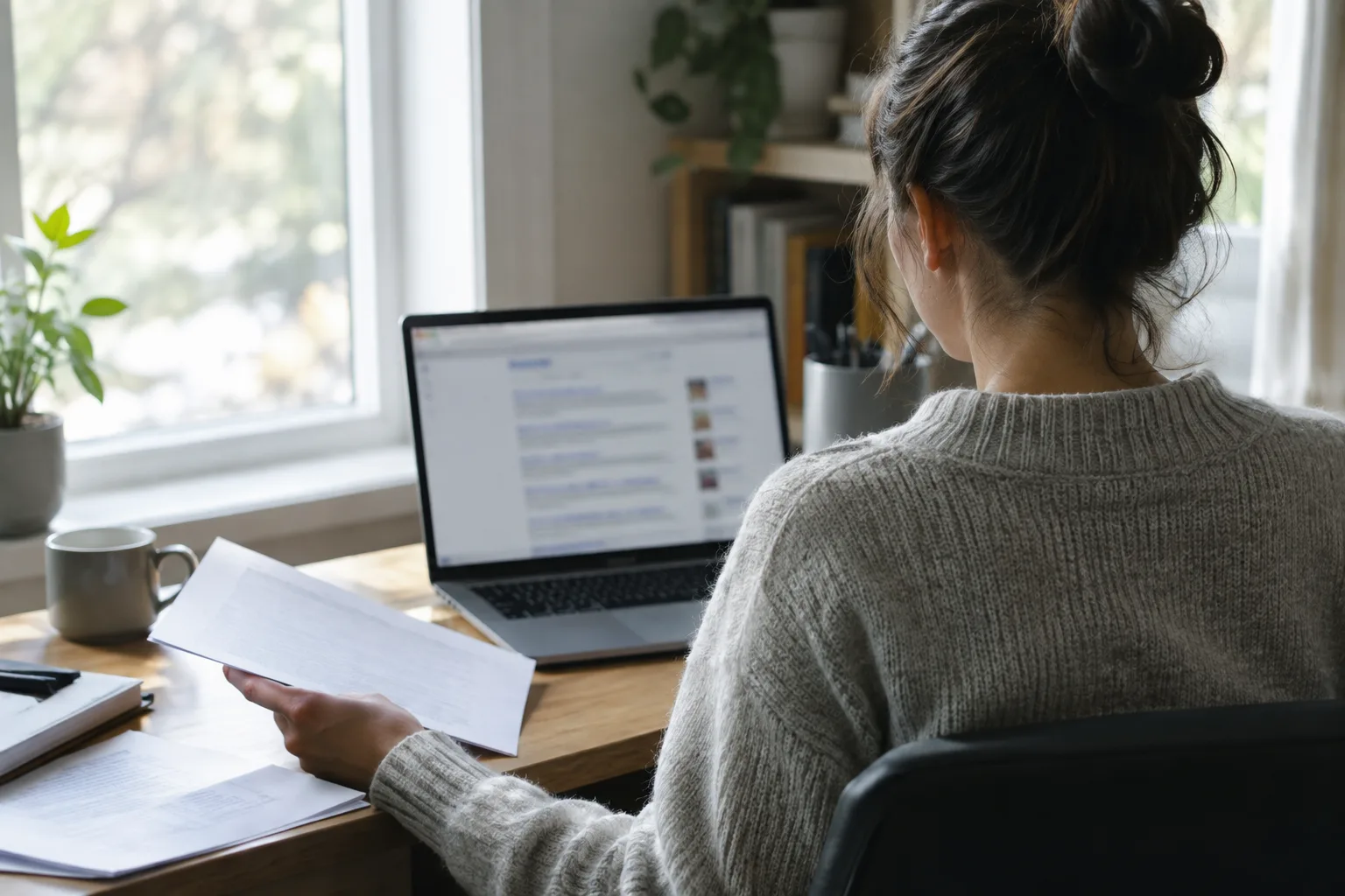 Une personne consulte des résultats de recherche sur un ordinateur, dans un bureau calme.