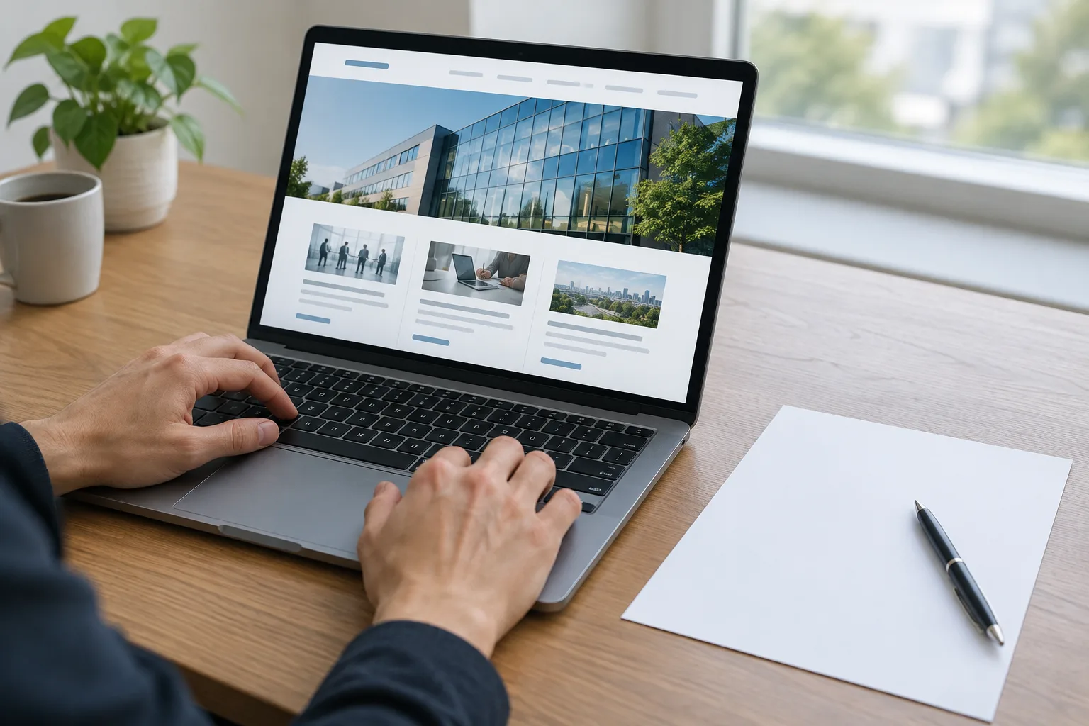 Des mains consultent un site d’entreprise sur un ordinateur à côté d’une feuille destinée à préparer une demande.