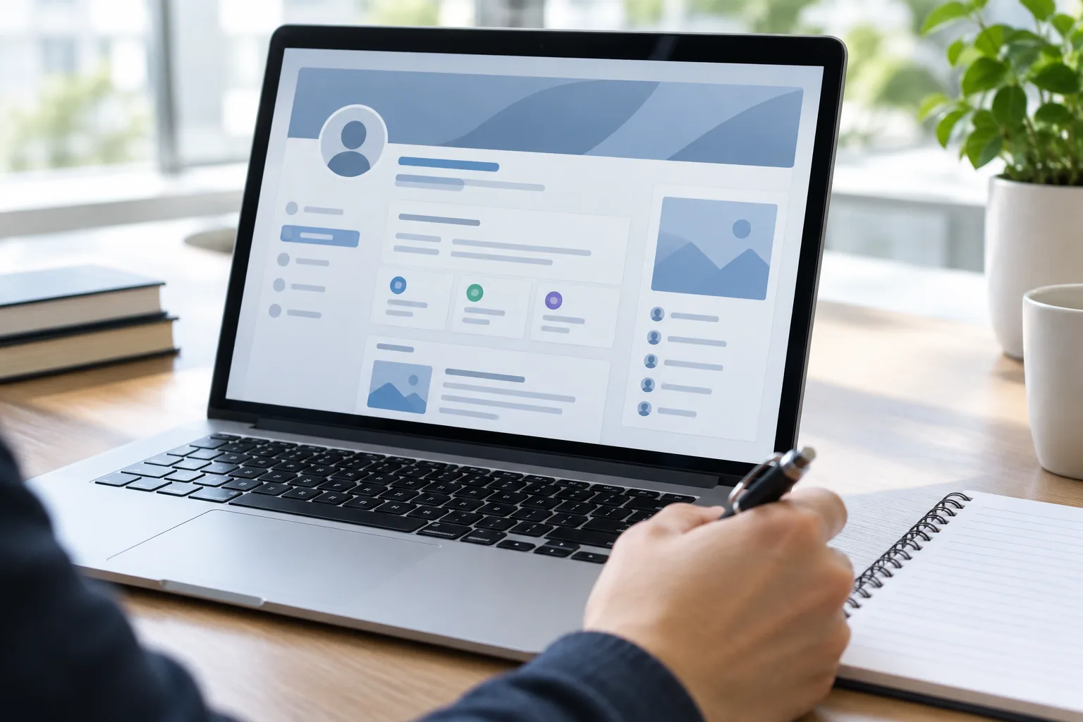Une personne repère une page de profil sur un ordinateur et conserve les informations utiles à sa demande.