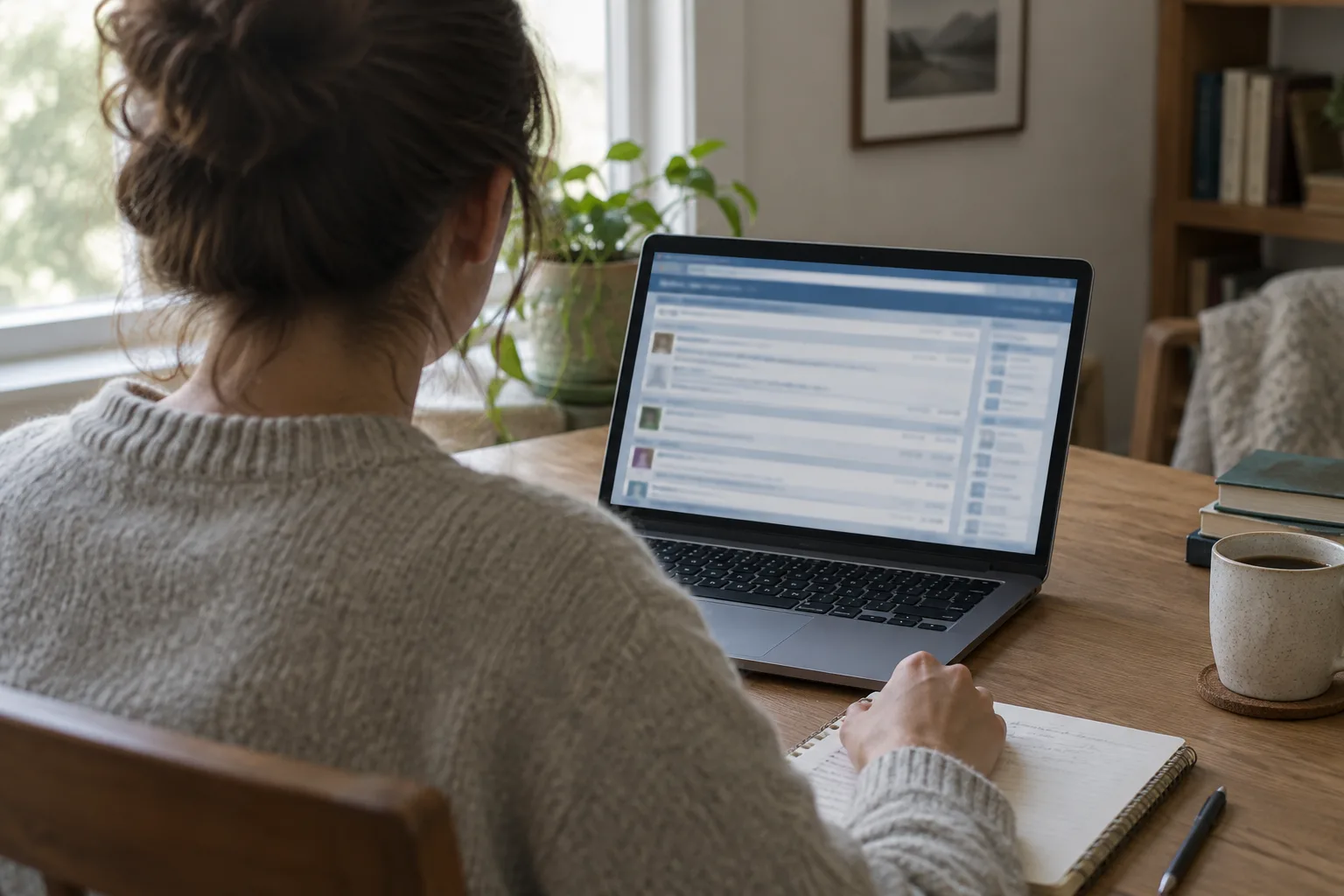 Une personne repère d’anciens messages de forum sur un ordinateur et note les pages concernées.