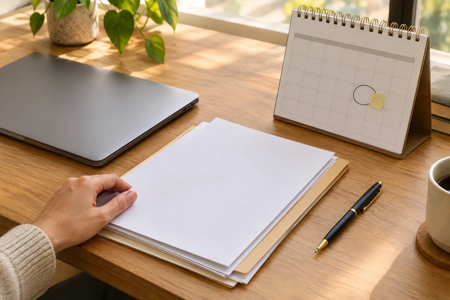 Une main classe des documents à côté d’un calendrier et d’un ordinateur fermé.