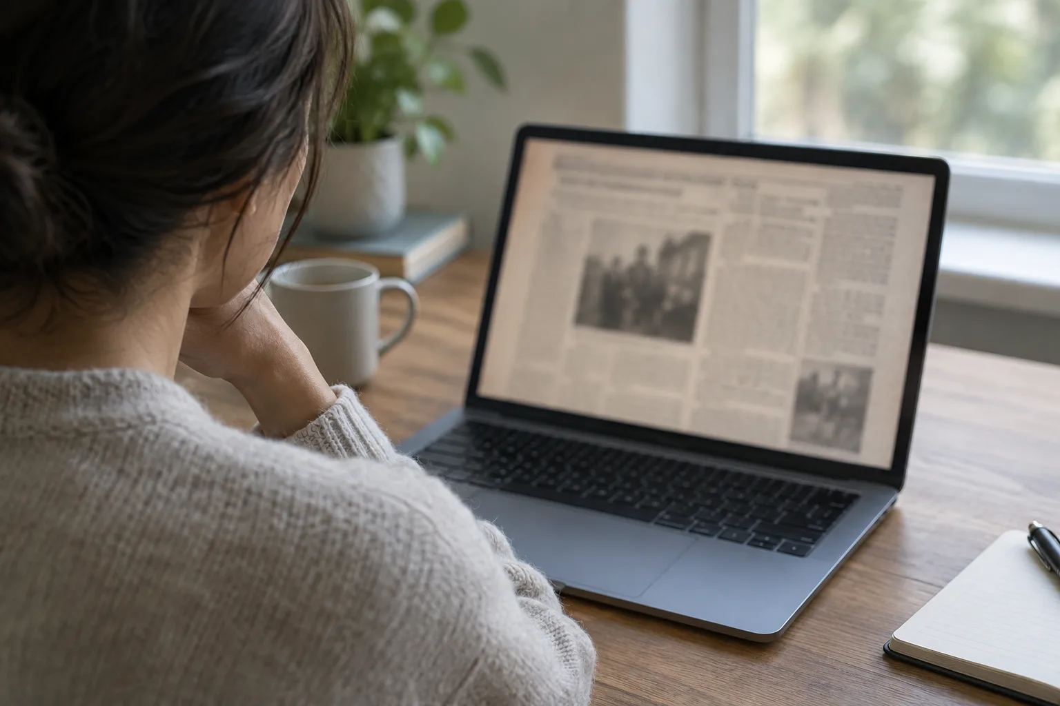 Une personne consulte un ancien article de presse sur un ordinateur portable.