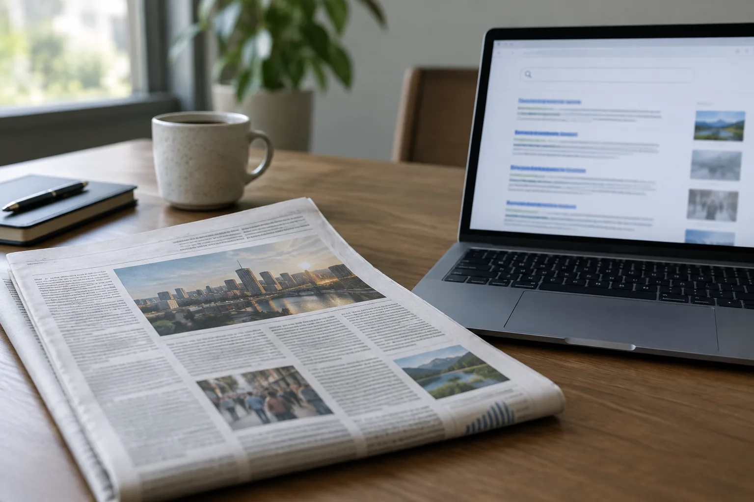 Un journal imprimé et un ordinateur illustrent la différence entre un article publié et son résultat de recherche.