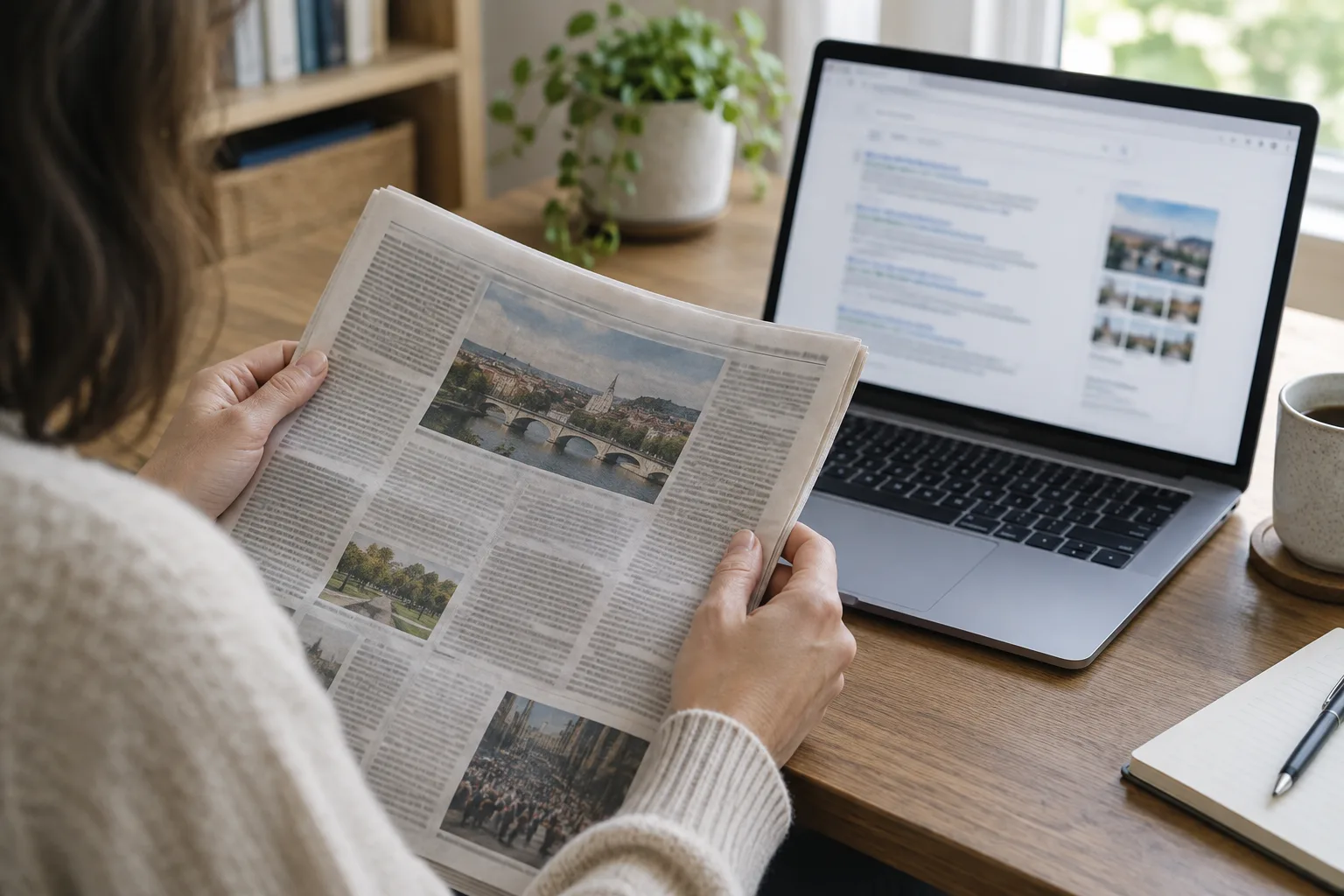 Une personne examine un article de presse et des résultats de recherche sur un ordinateur.