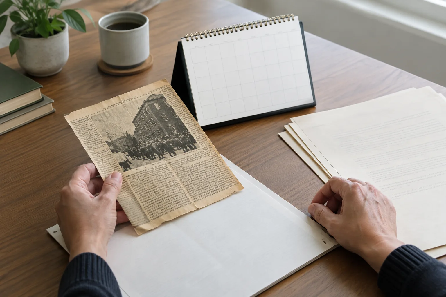 Des mains comparent une coupure de presse ancienne et des documents sur un bureau.