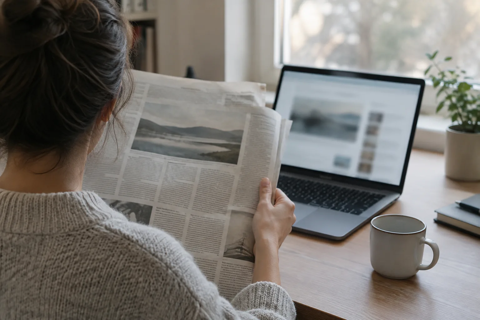 Une personne examine un article de presse imprimé à côté d’un ordinateur.