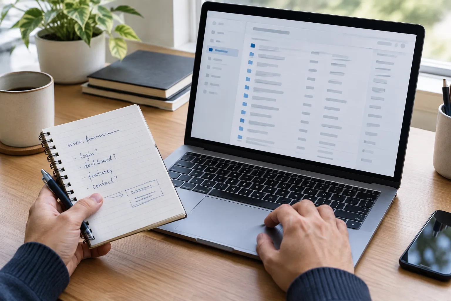 Des mains consultent une fiche d’annuaire sur un ordinateur et prennent des notes.