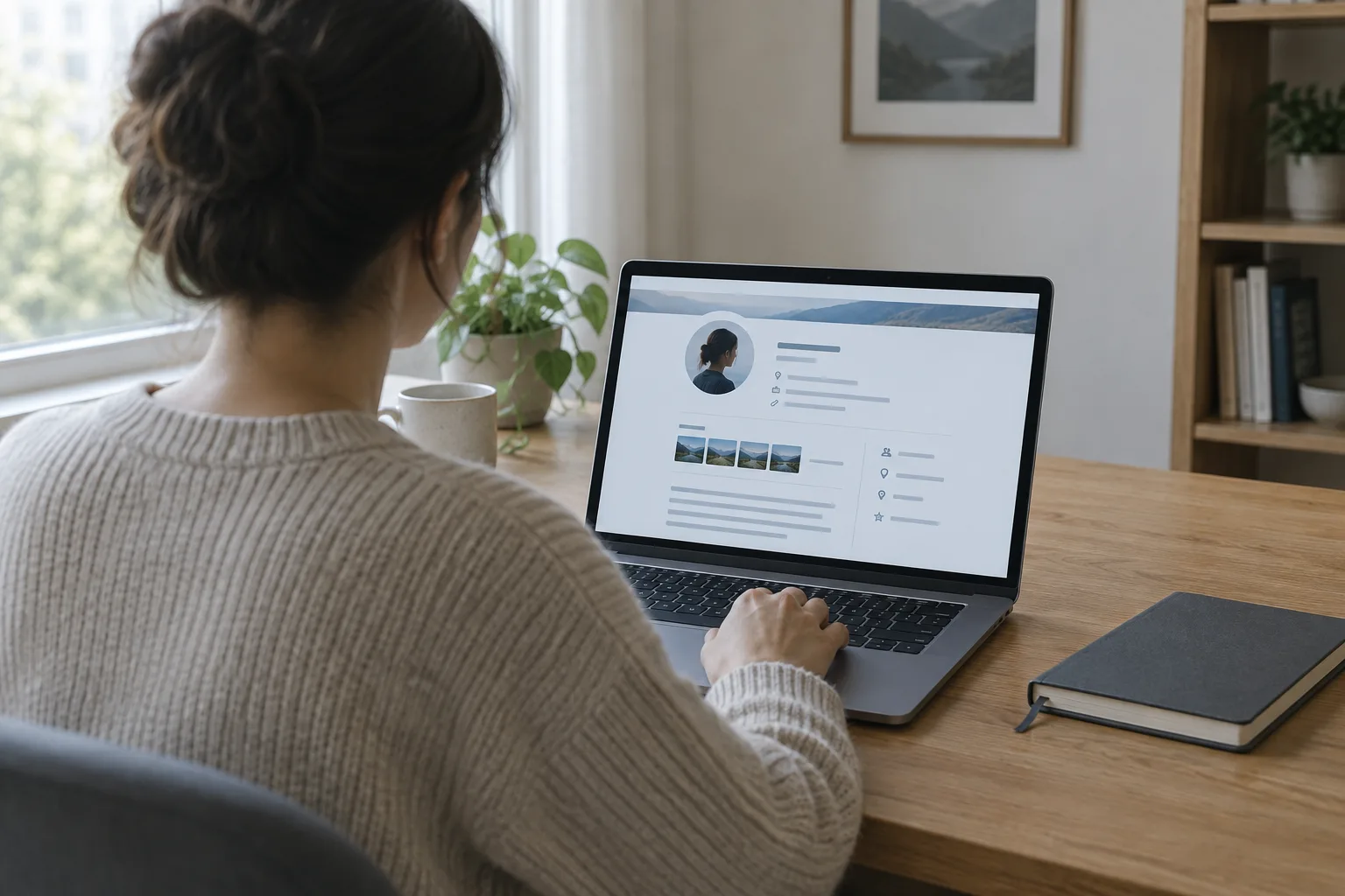 Une personne consulte un annuaire en ligne depuis un ordinateur, sans visage visible.