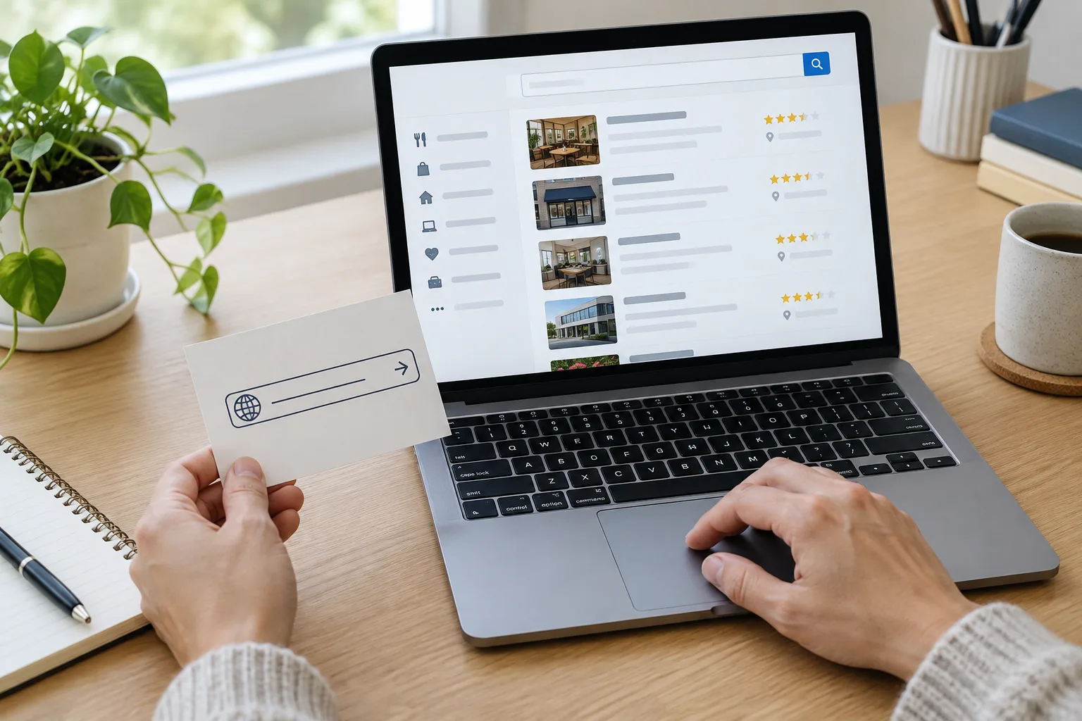 Une personne examine une page d’annuaire sur un ordinateur et prend des notes pour identifier son éditeur.
