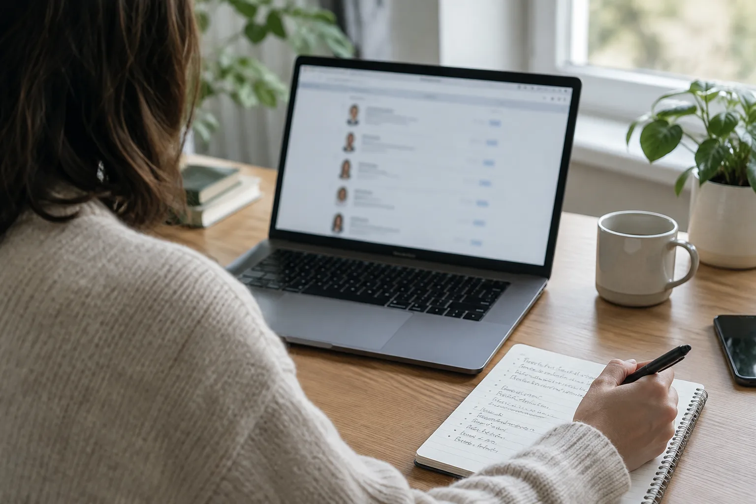 Une personne consulte un annuaire en ligne sur un ordinateur, avec des notes à côté.