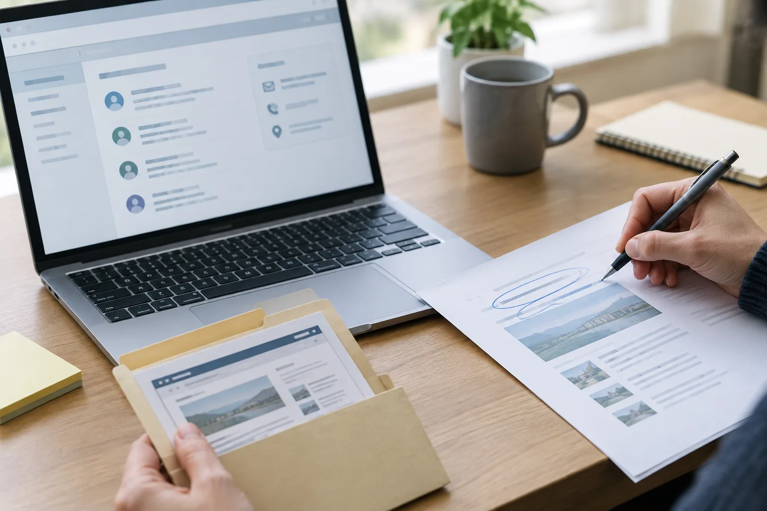 Un ordinateur et des documents génériques illustrent le repérage du responsable d’un annuaire en ligne.
