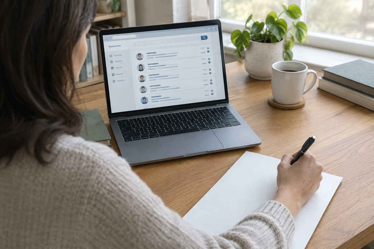 Une personne prépare une demande écrite devant un ordinateur affichant une page d’annuaire générique.
