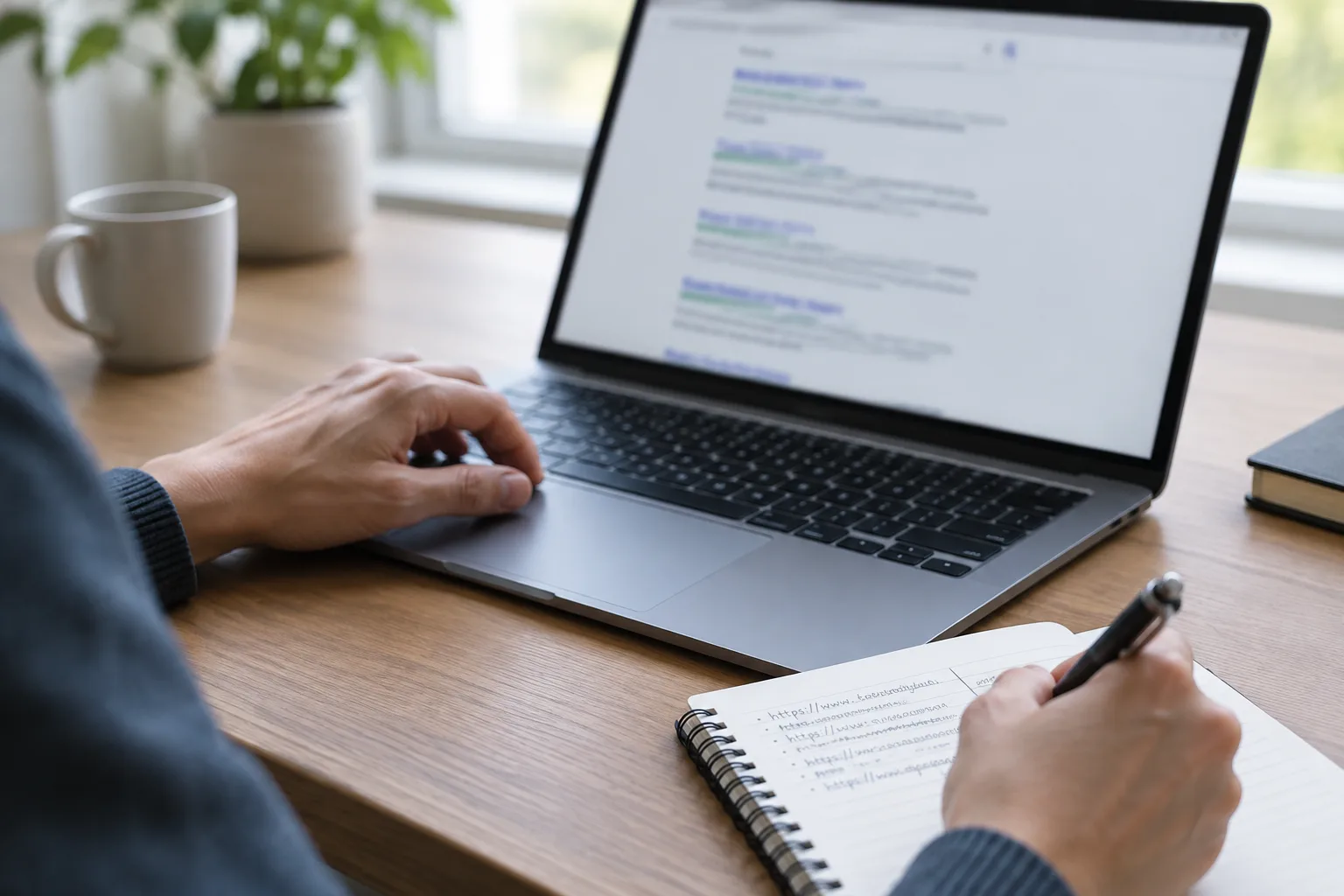Des mains consultent des résultats de recherche floutés et notent des adresses de pages dans un carnet.
