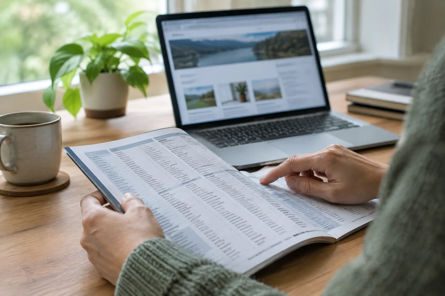 Une personne examine une page d’annuaire imprimée à côté d’un ordinateur portable.