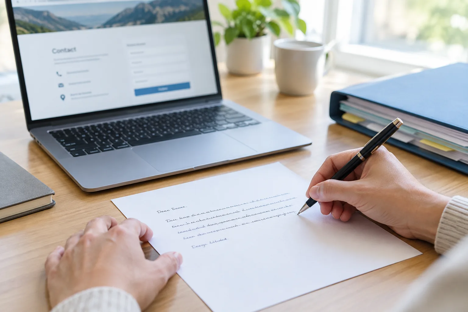 Une personne prépare une demande de retrait à côté d’un ordinateur et de documents.