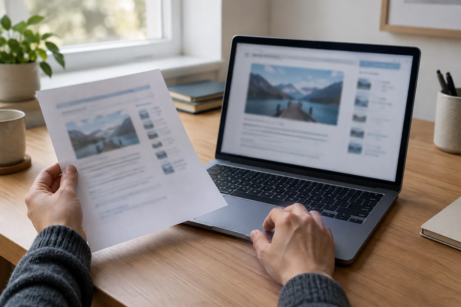 Des mains examinent une page web imprimée à côté d’un ordinateur portable.