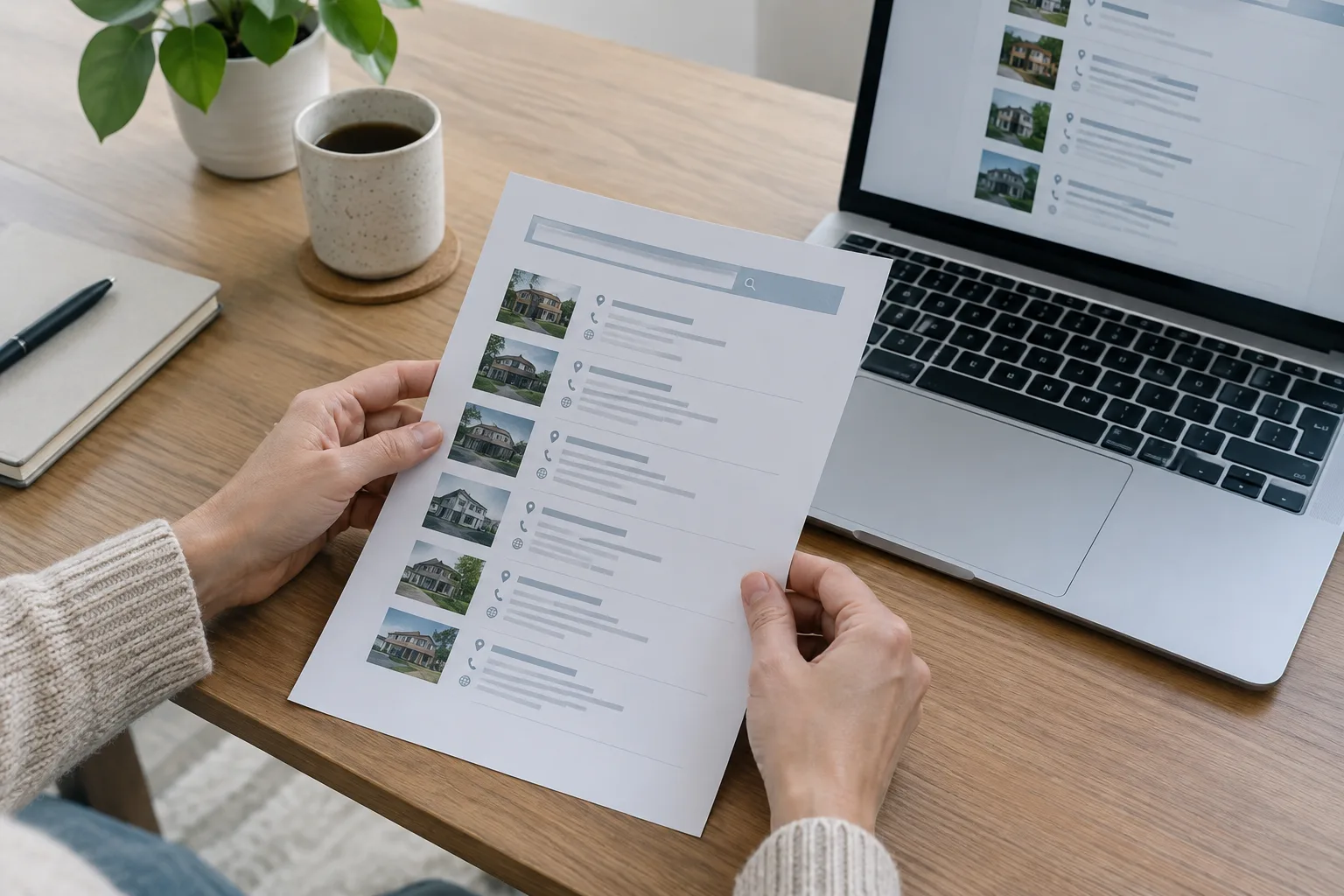 Une personne examine un annuaire en ligne sur un ordinateur et des documents imprimés.