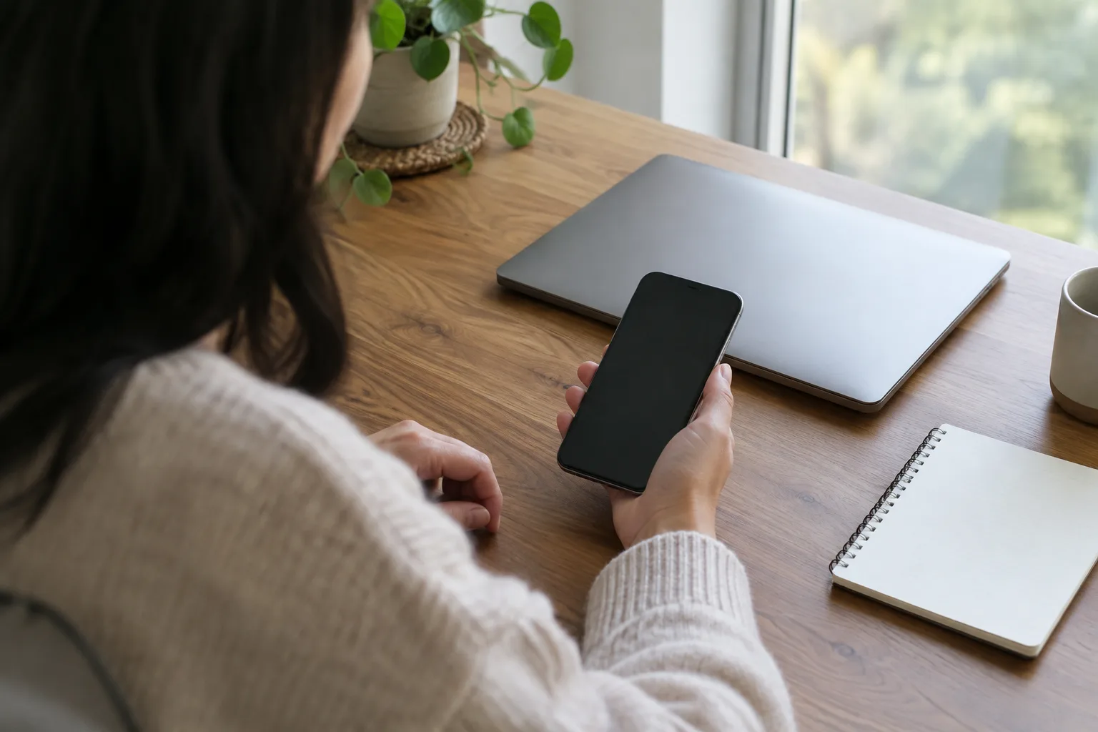 Une personne examine discrètement un téléphone et un ordinateur pour vérifier la présence de ses coordonnées en ligne.