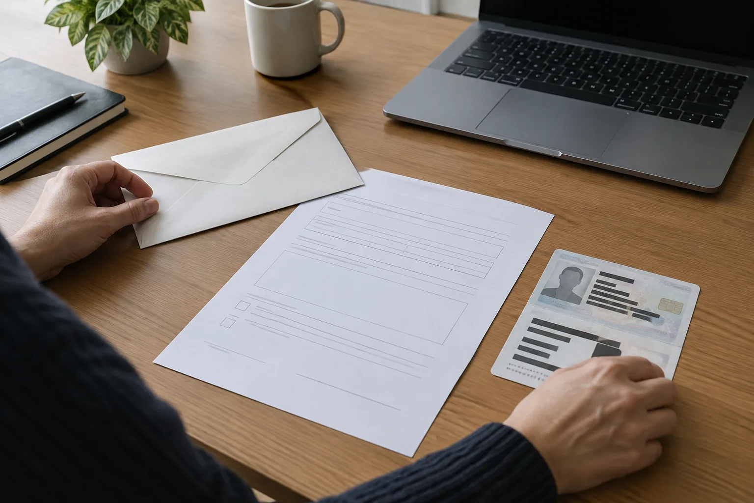 Une personne prépare un courrier de demande avec des documents dont les informations non nécessaires sont masquées.