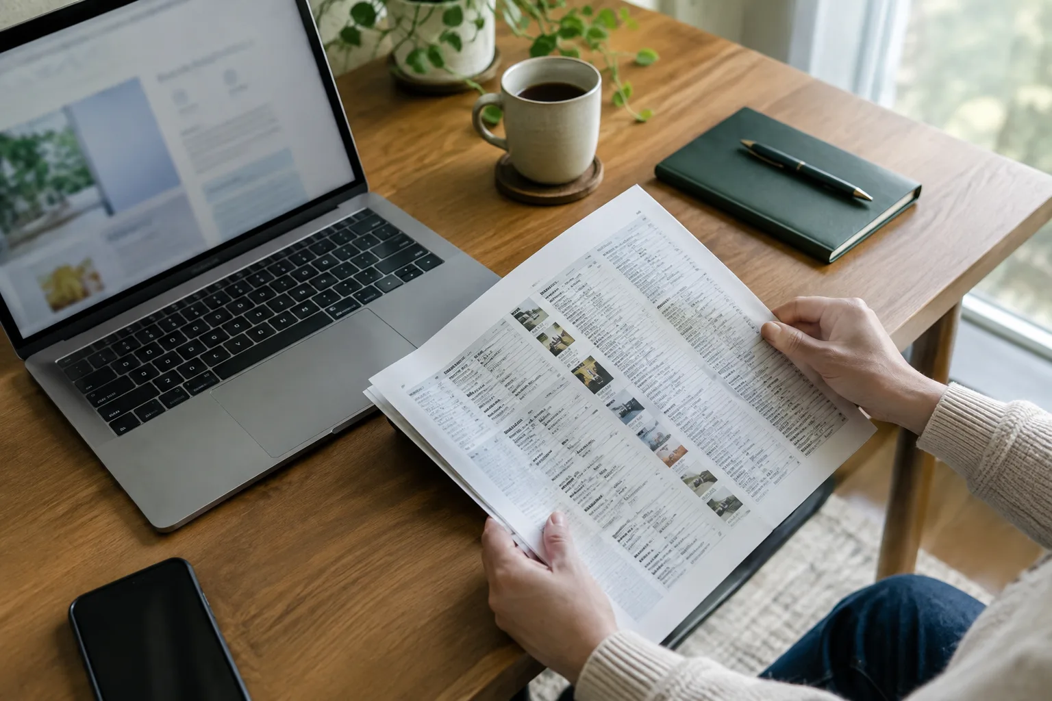 Des mains examinent une fiche imprimée à côté d’un ordinateur affichant une page web floutée.