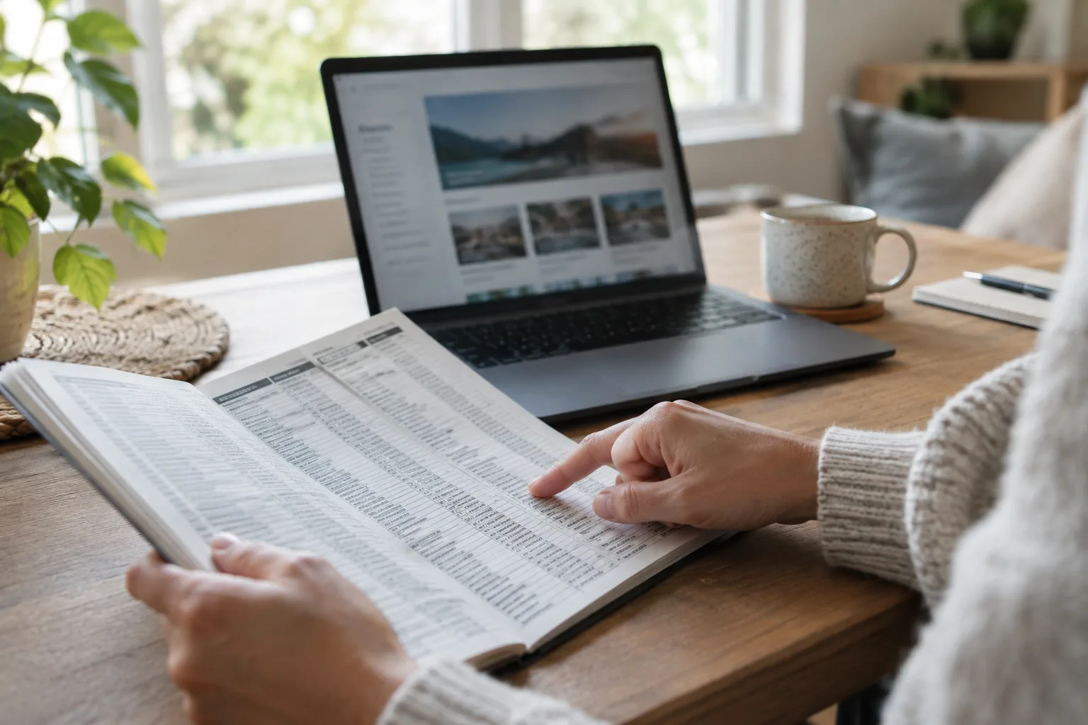 Des mains examinent une page d’annuaire à côté d’un ordinateur affichant une page web floue.