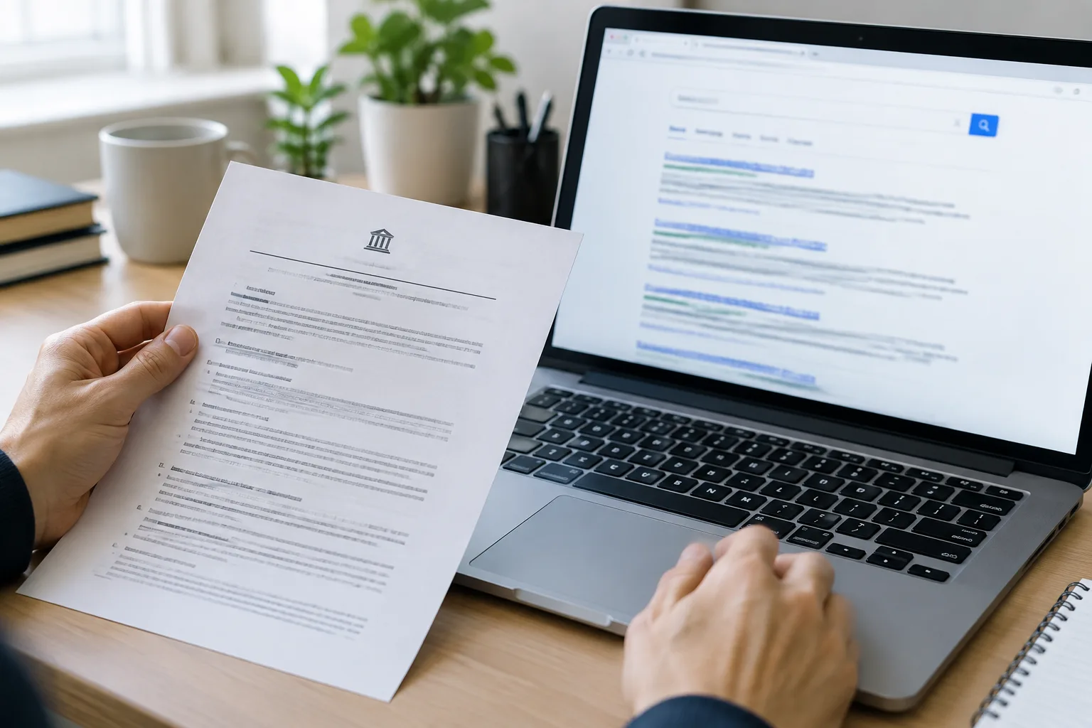 Une personne compare un document imprimé à des résultats de recherche floutés sur un ordinateur.