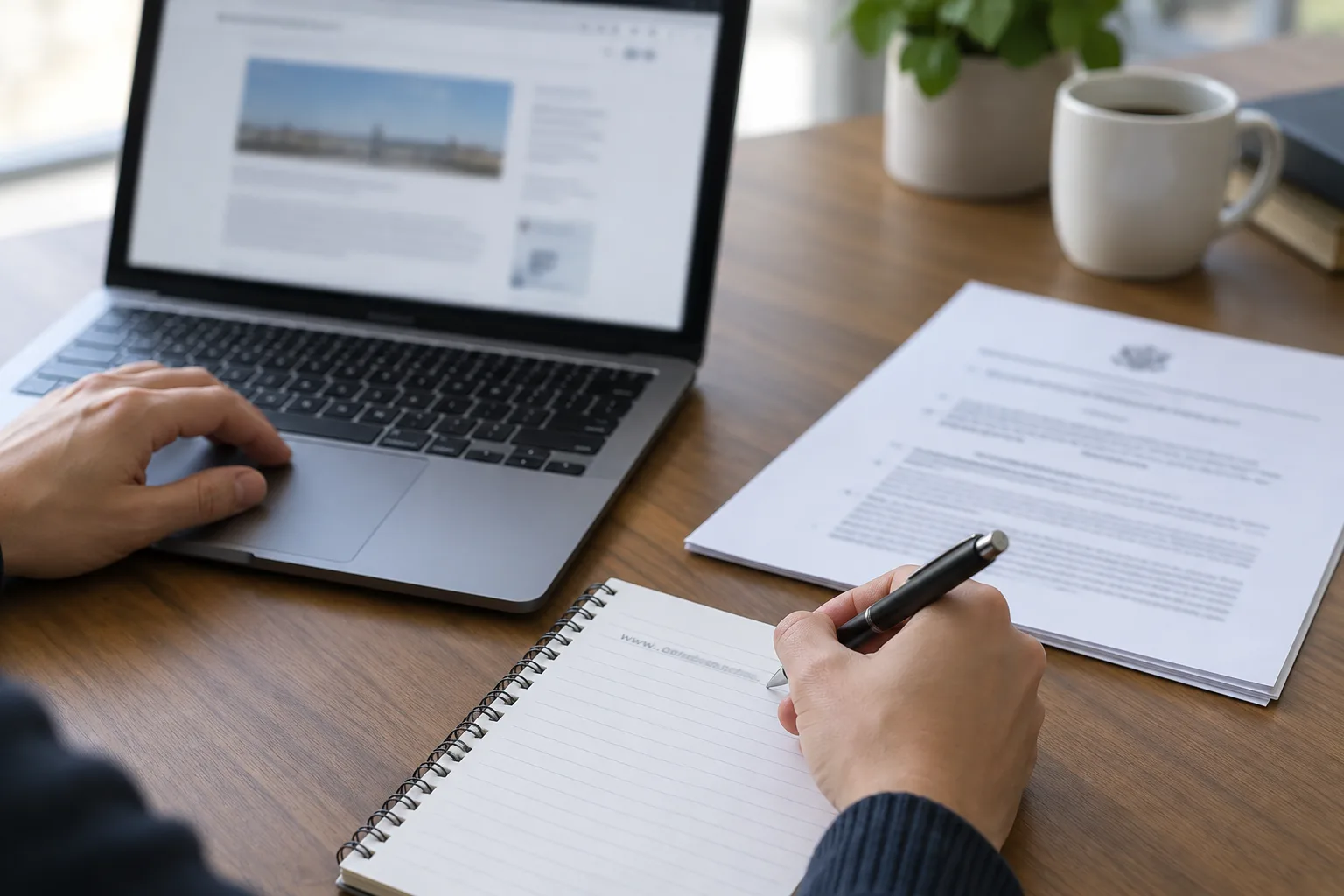 Des mains relèvent l’adresse d’une page web à côté d’un document juridique dont le texte est illisible.