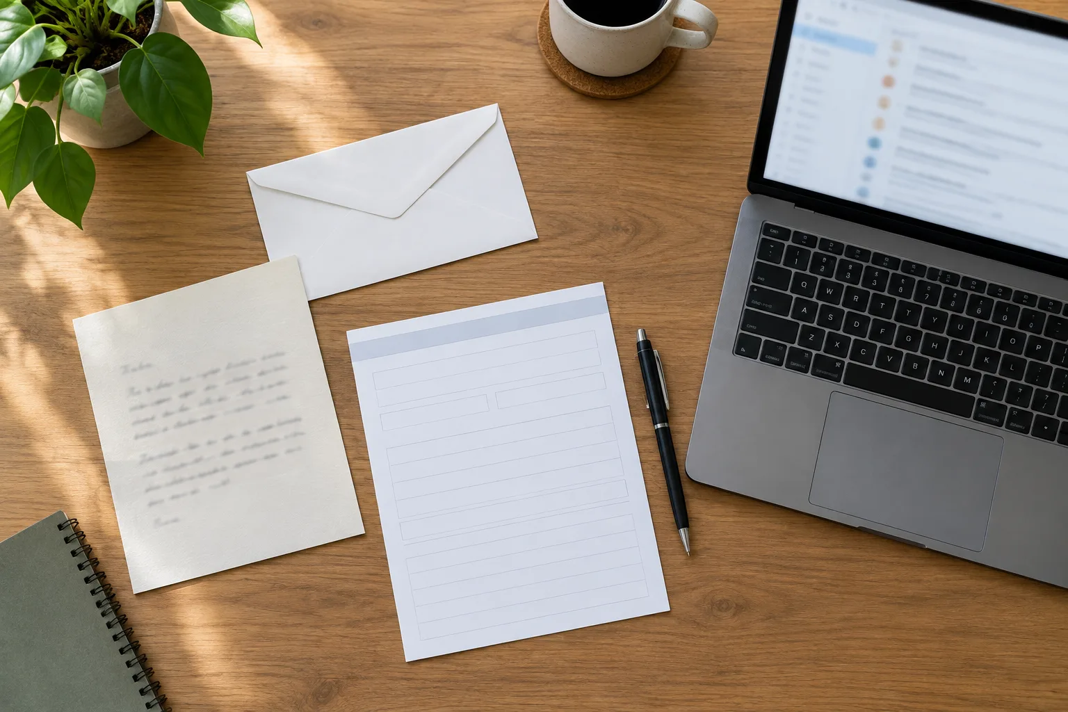 Un courrier et un formulaire vierge sont disposés à côté d’un ordinateur ouvert sur une boîte de réception floue.