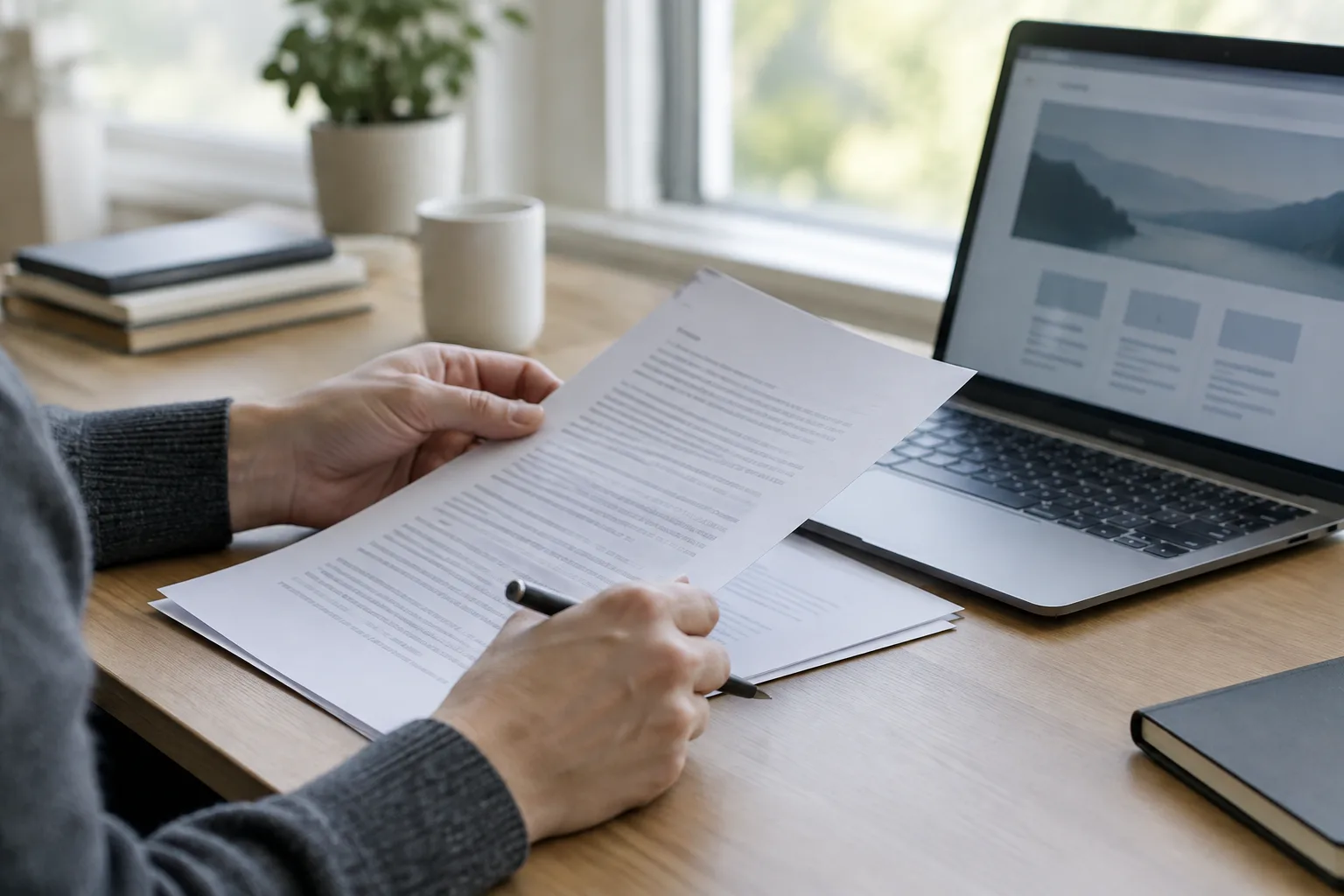 Des mains examinent un document juridique près d’un ordinateur portable affichant une page Web indistincte.