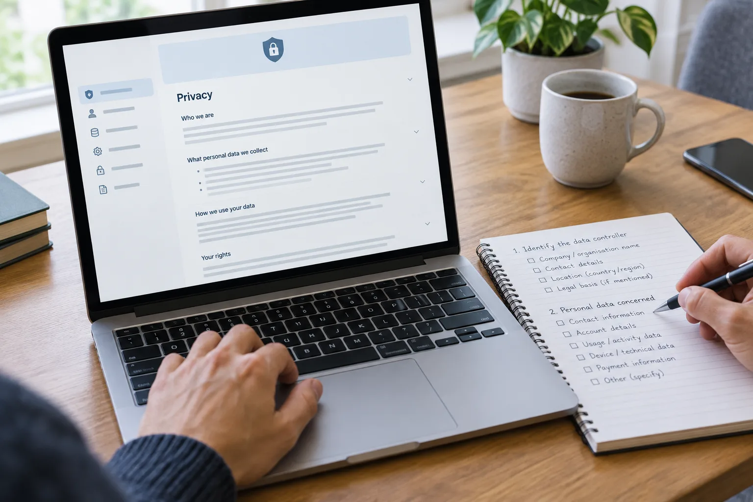 Des mains consultent une page de confidentialité sur un ordinateur à côté d’une liste de vérification.