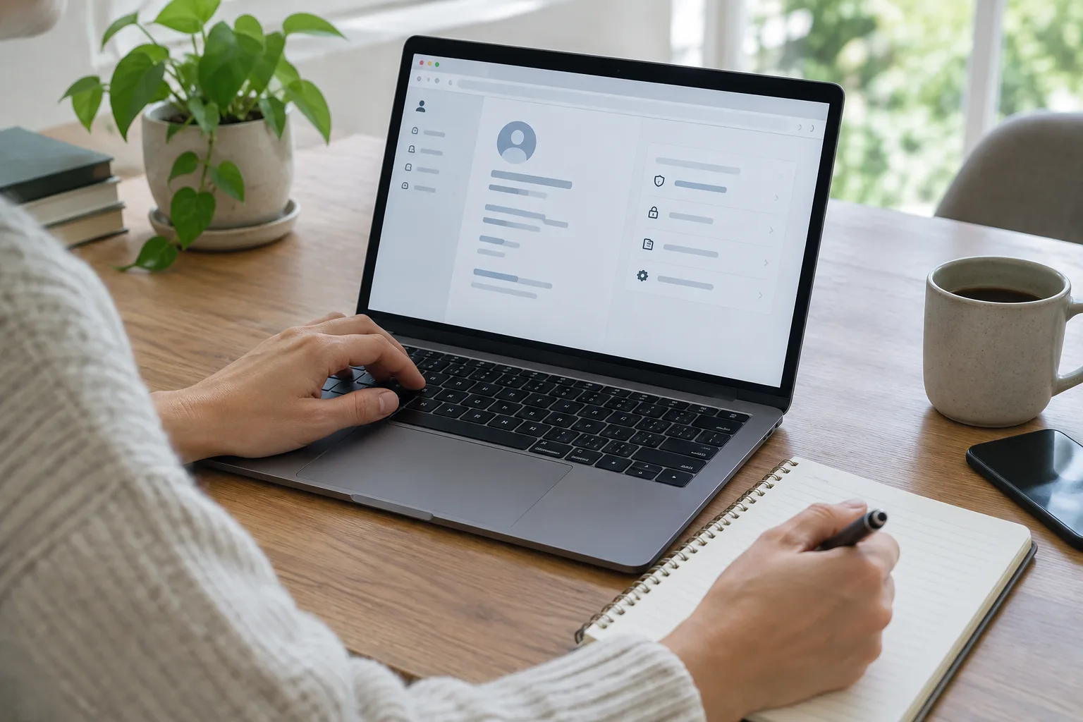 Une personne examine les paramètres d’un compte en ligne sur un ordinateur avant de préparer une demande d’effacement.