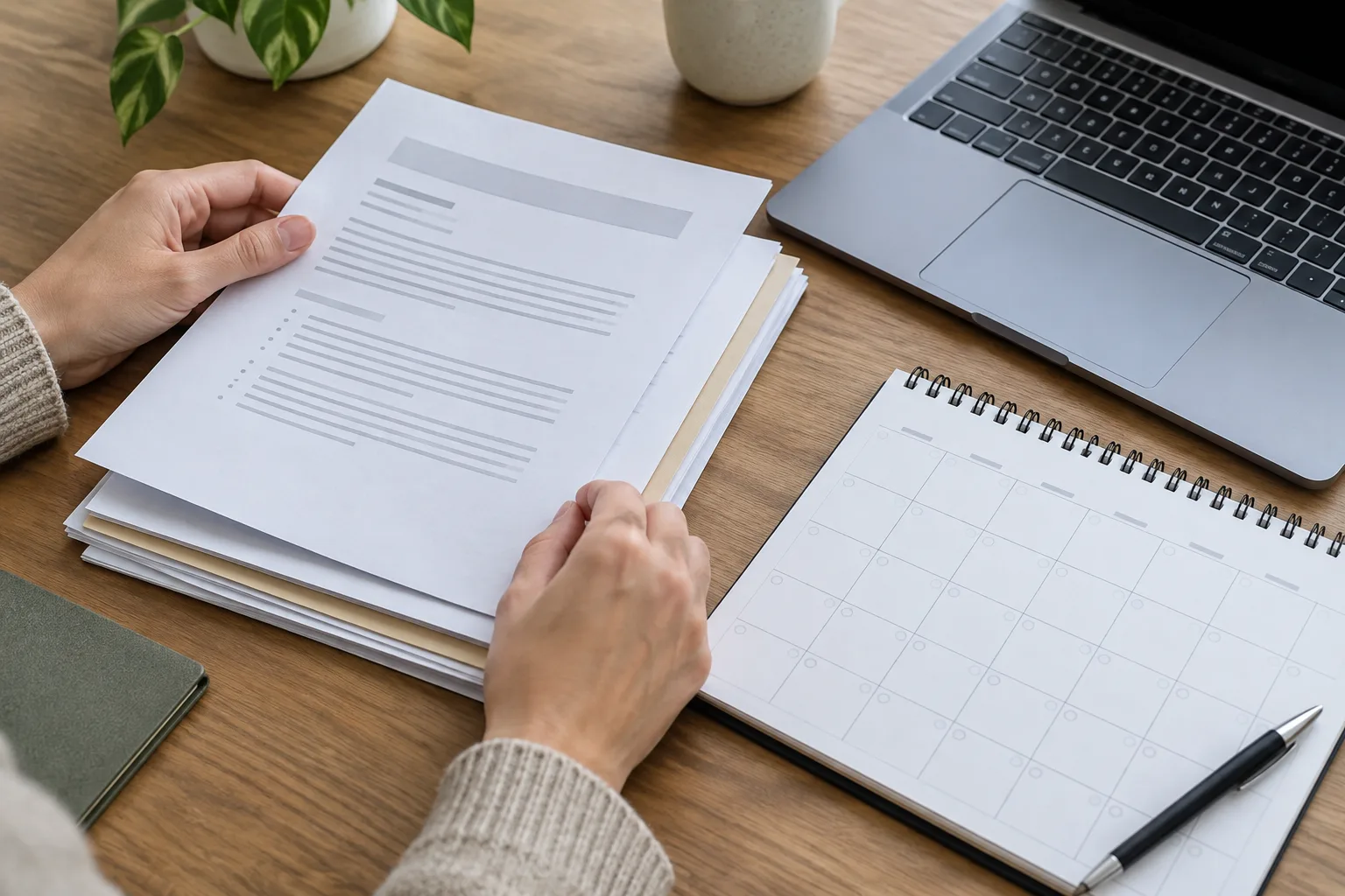 Des mains classent des documents et suivent une demande administrative à côté d’un ordinateur.