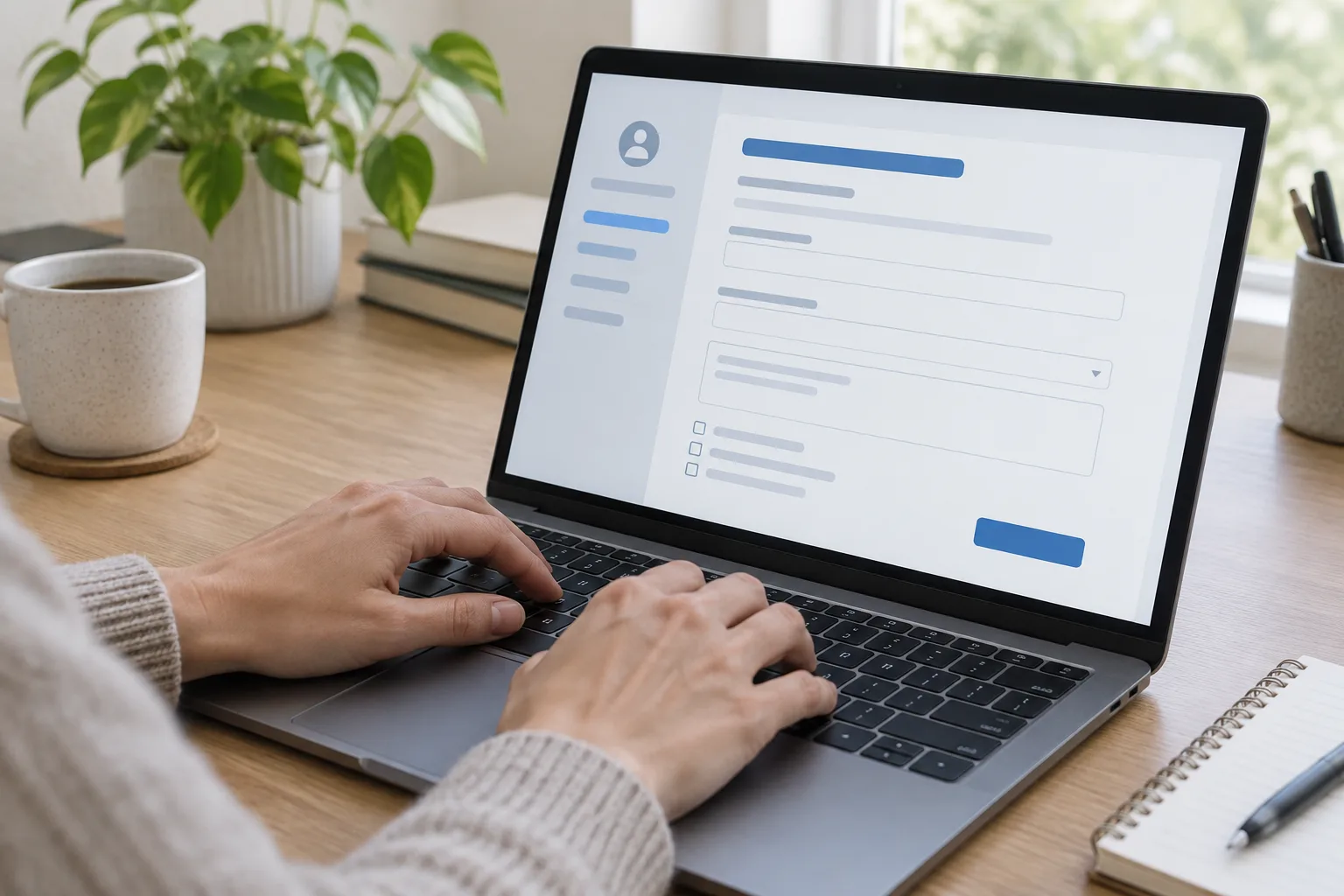 Des mains préparent une demande de confidentialité sur un ordinateur portable.