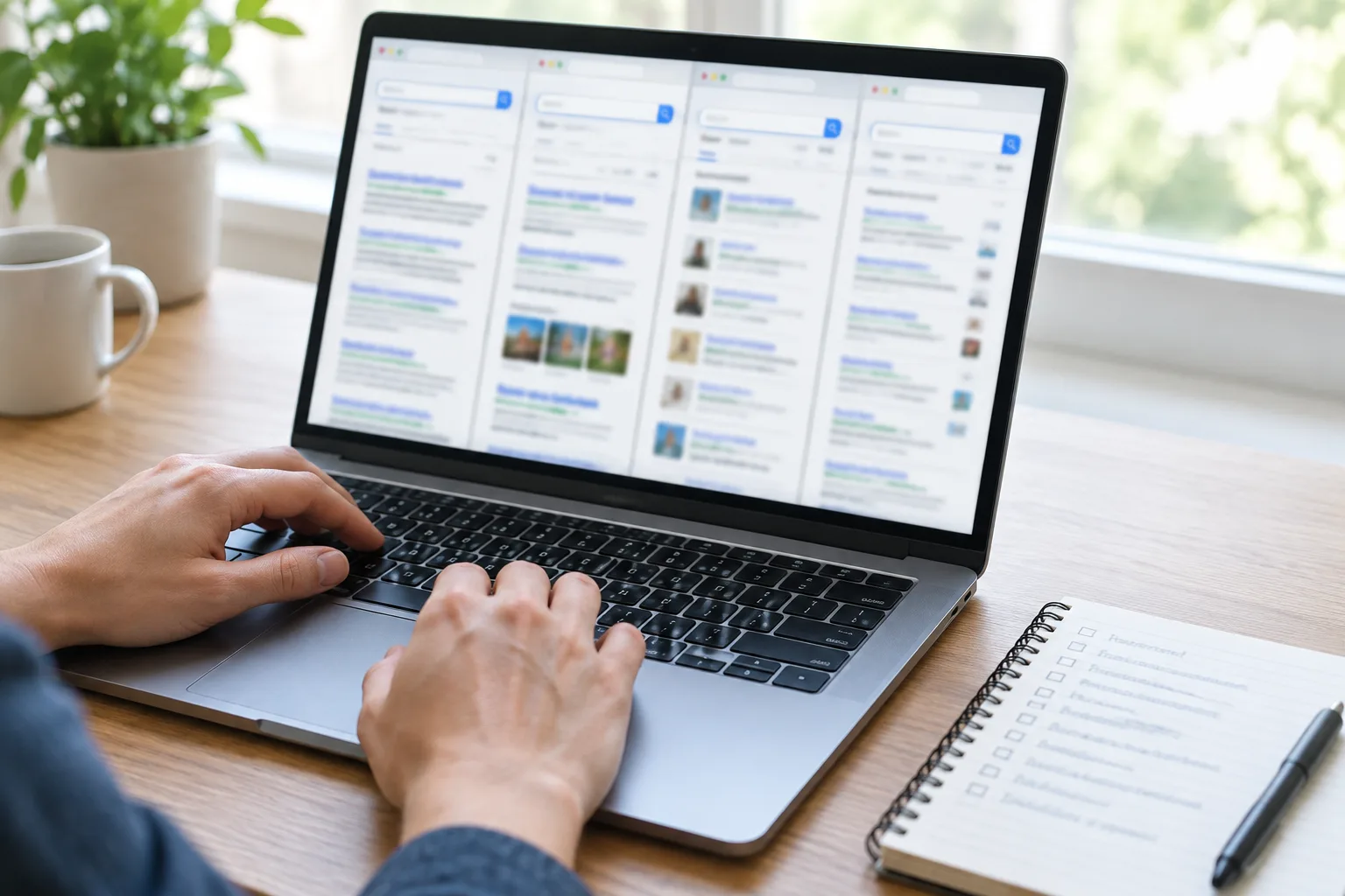 Des mains consultent des pages de résultats de recherche et prennent des notes.
