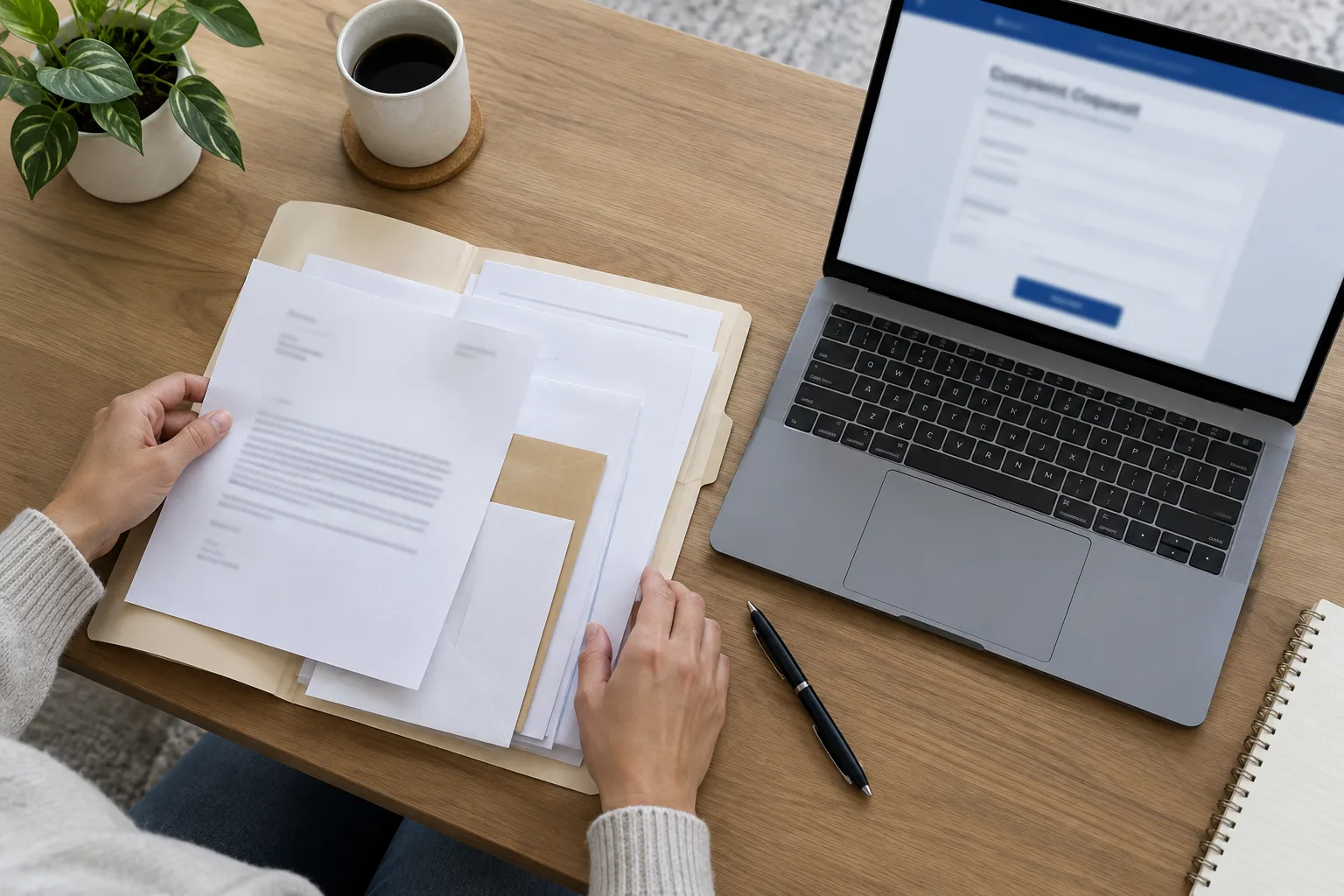 Des documents et un ordinateur sont préparés pour suivre une réclamation.