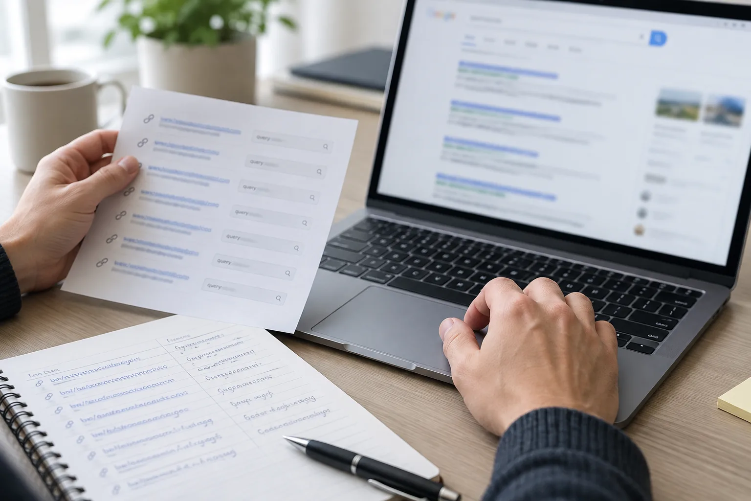 Des mains examinent des résultats de recherche sur un ordinateur, avec des notes posées à côté.