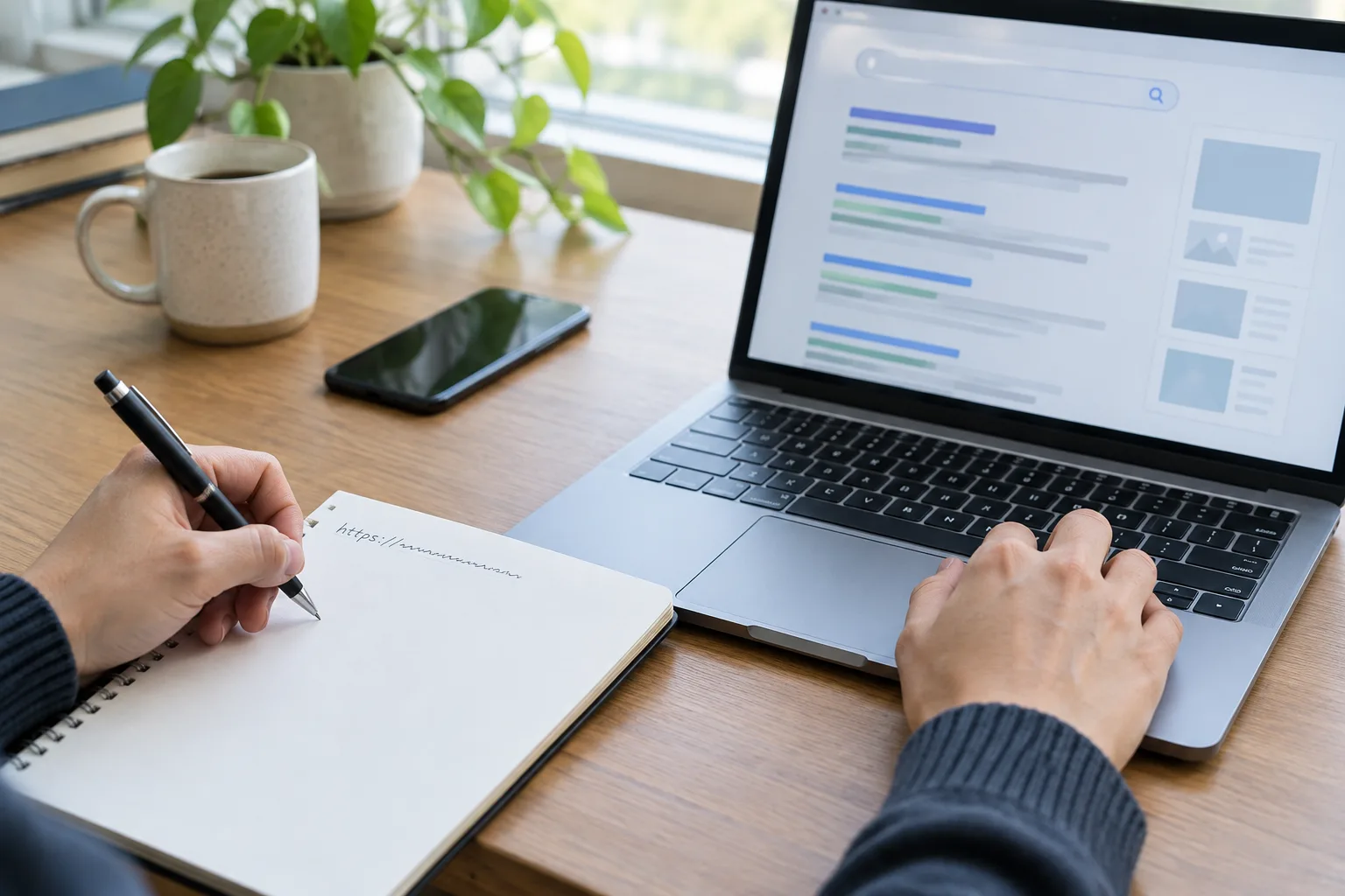 Des mains notent des éléments d’une recherche en ligne à côté d’un ordinateur portable.