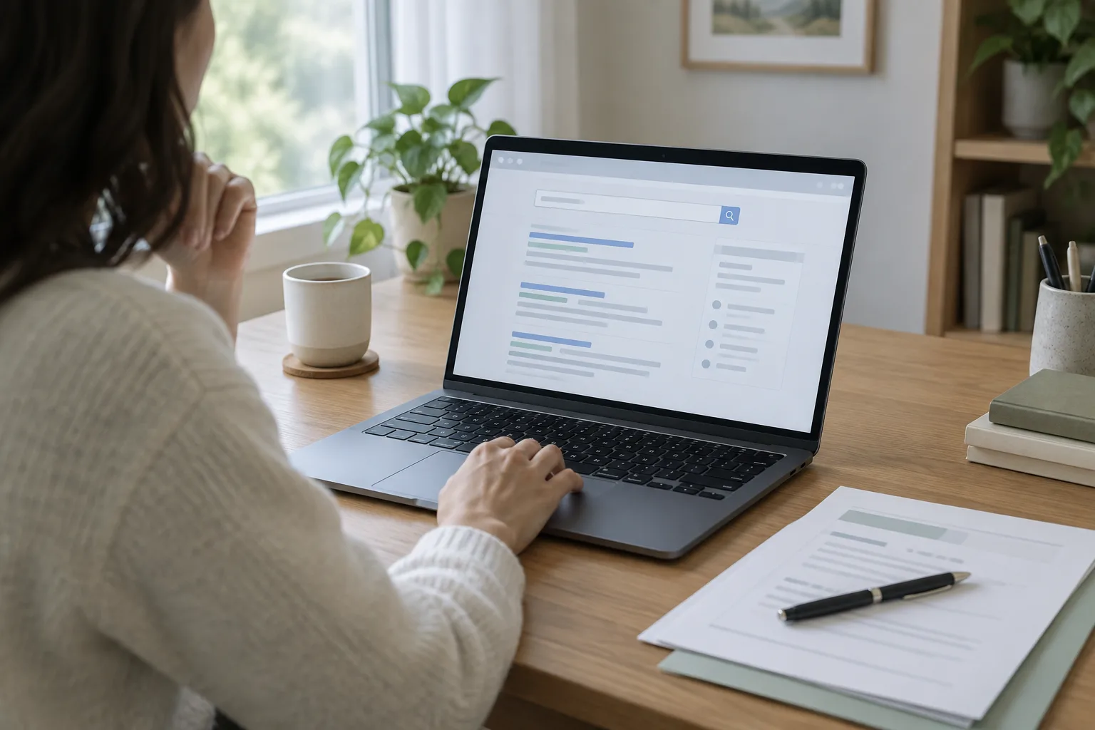 Une personne examine sur un ordinateur une demande liée à un résultat de recherche et des documents.