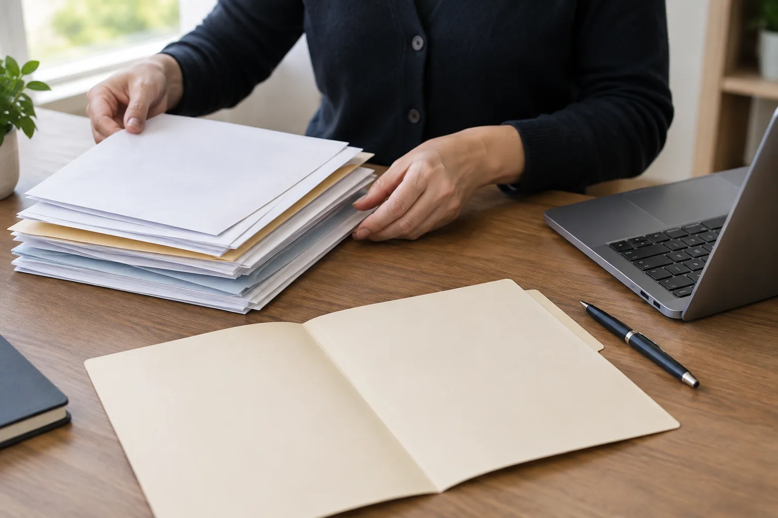 Des courriers et un dossier vierge sont rangés à côté d’un ordinateur et d’un stylo.