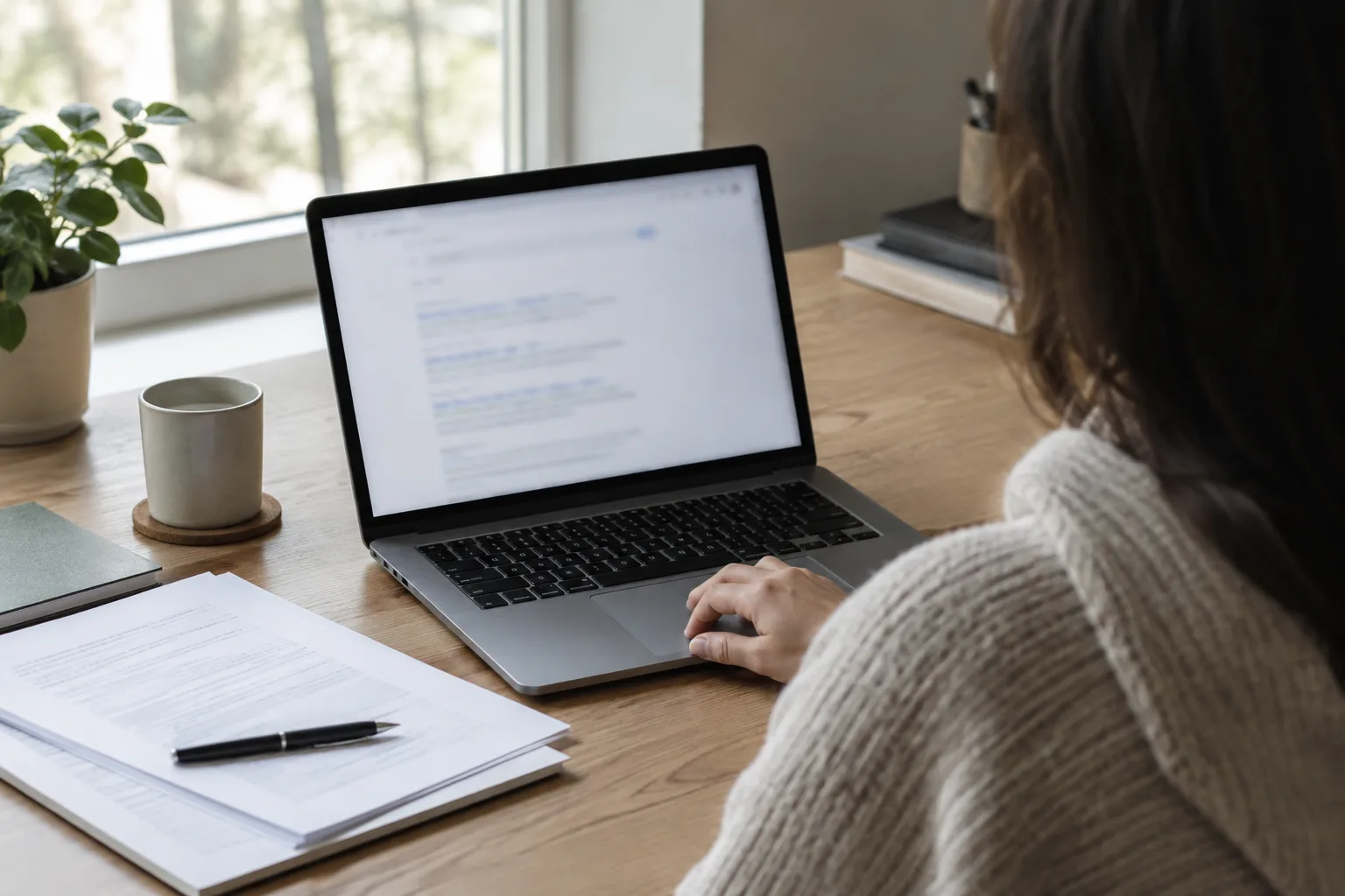 Une personne examine des résultats de recherche sur un ordinateur, avec des documents posés sur le bureau.