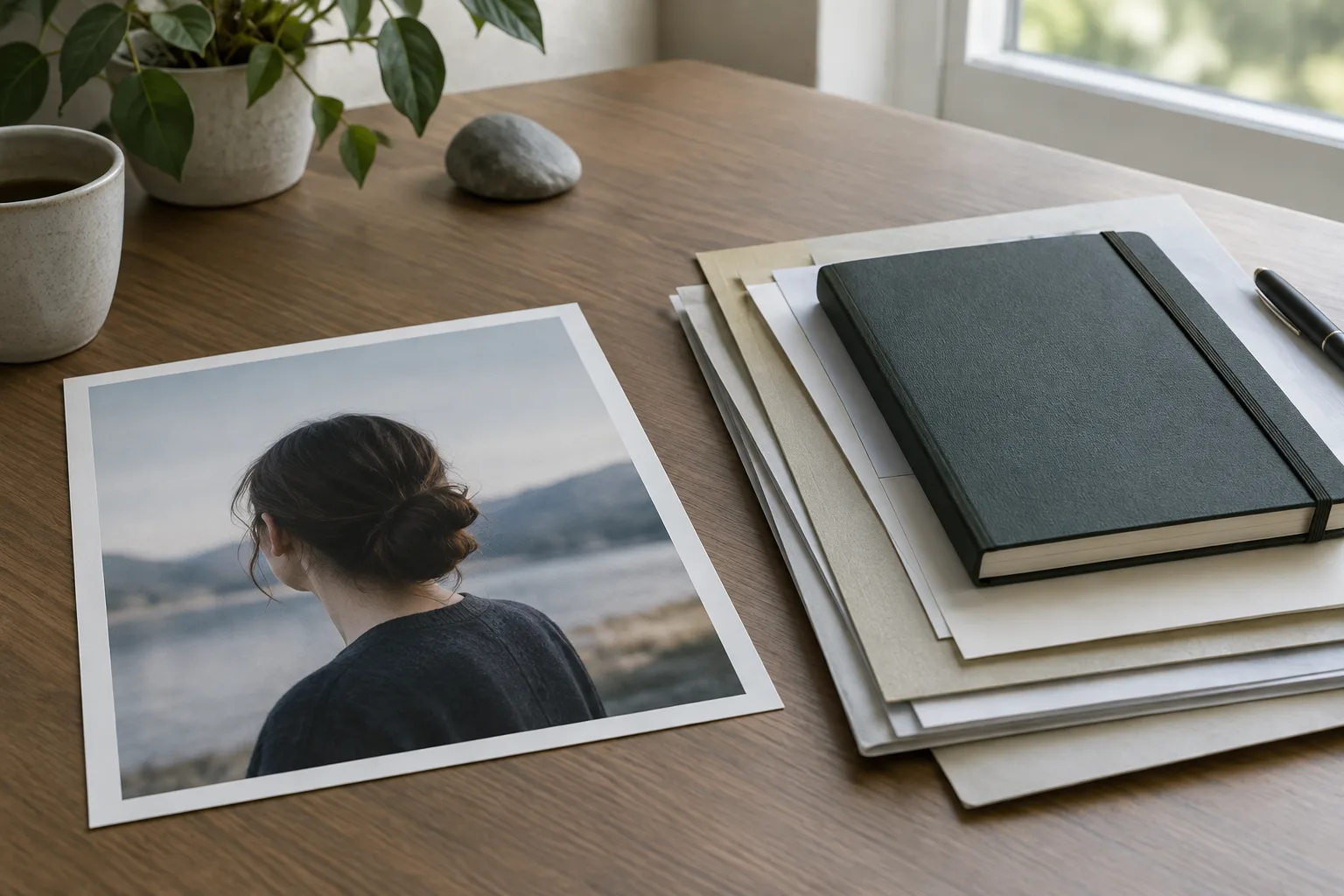 Une photographie imprimée et des documents posés sur un bureau évoquent l’examen du contexte d’une image.