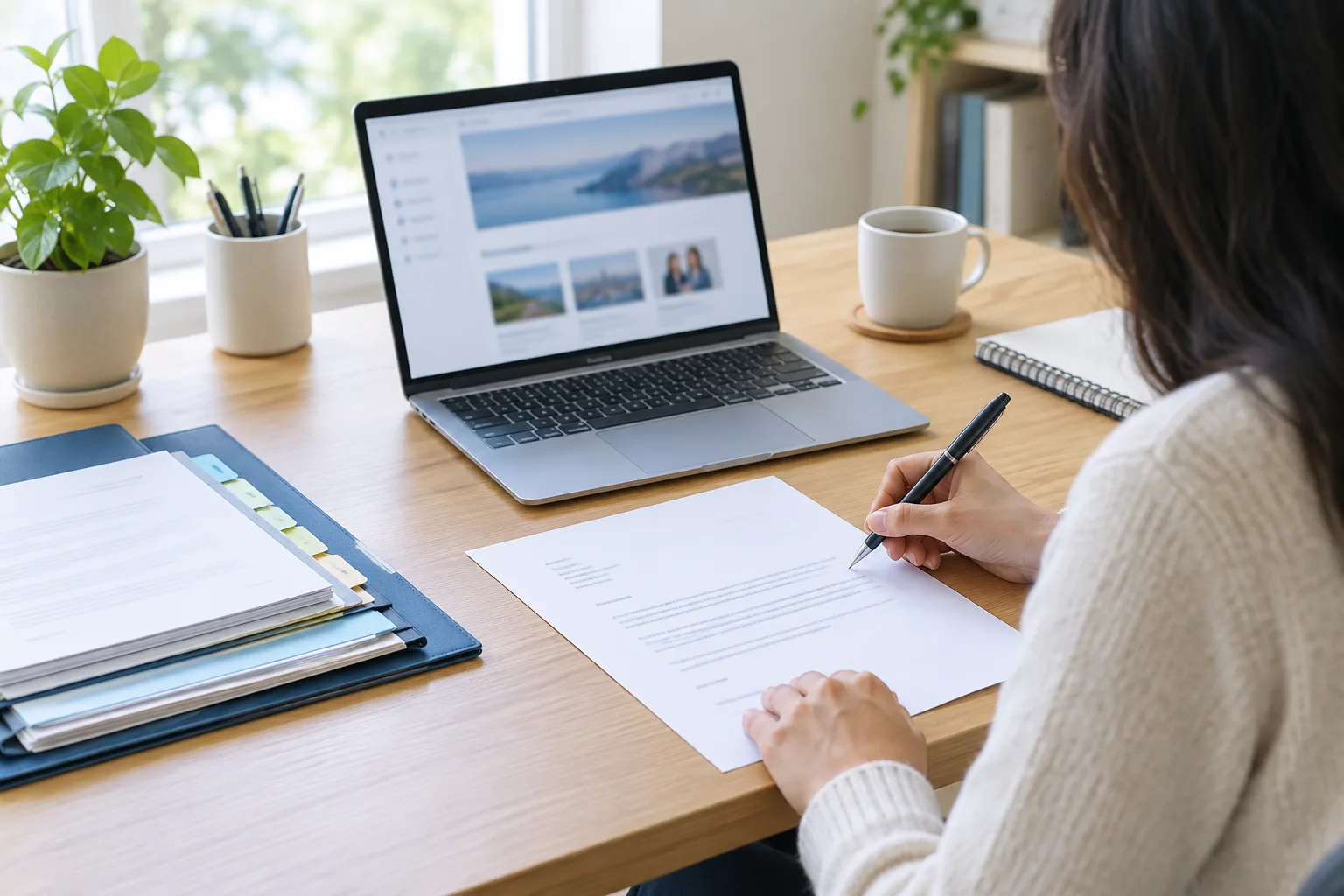 Une personne prépare un courrier de demande avec un ordinateur et des documents classés.