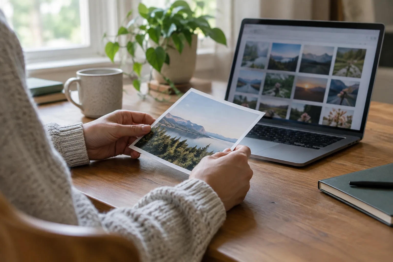 Une personne examine une photographie près d’un ordinateur affichant des résultats d’images floutés.