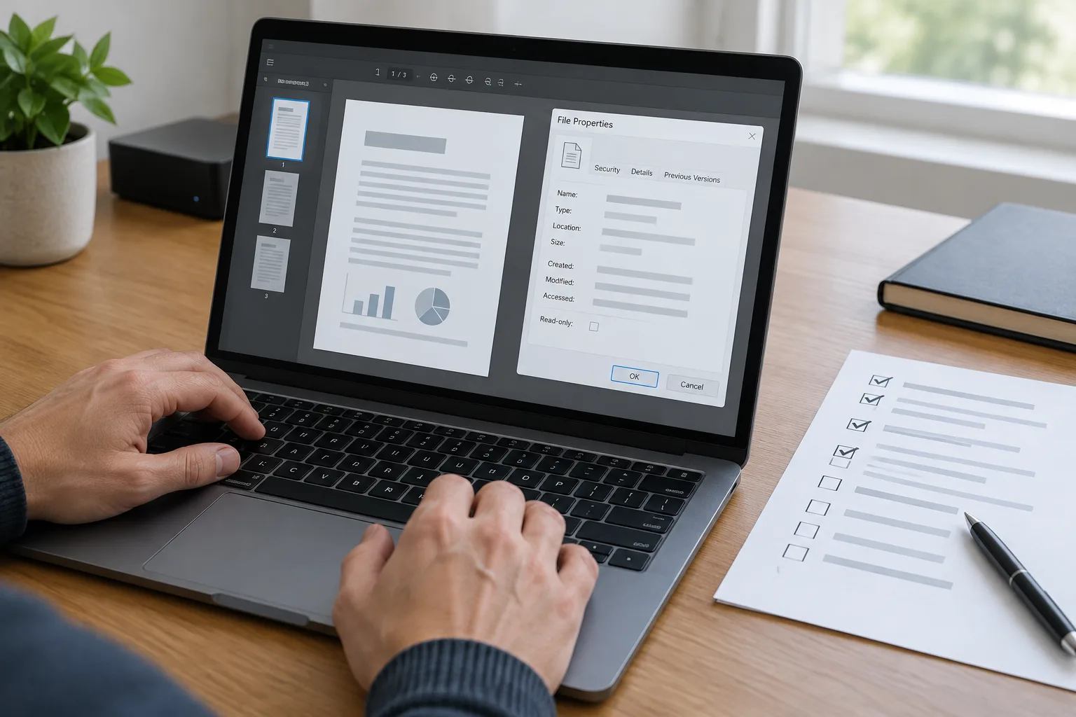 Des mains consultent les propriétés d’un fichier PDF sur un ordinateur portable.