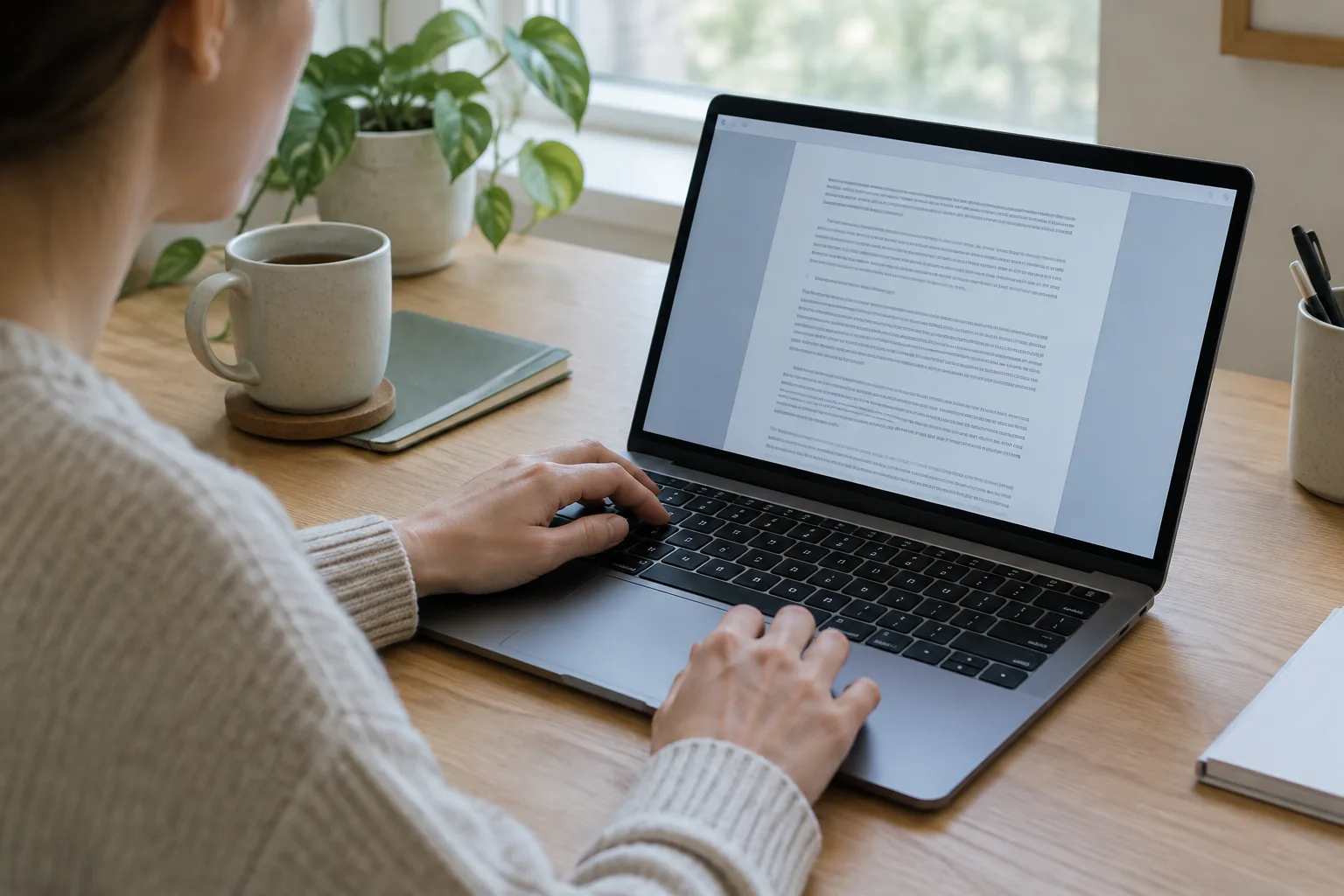 Une personne examine un document PDF sur un ordinateur portable à son bureau.