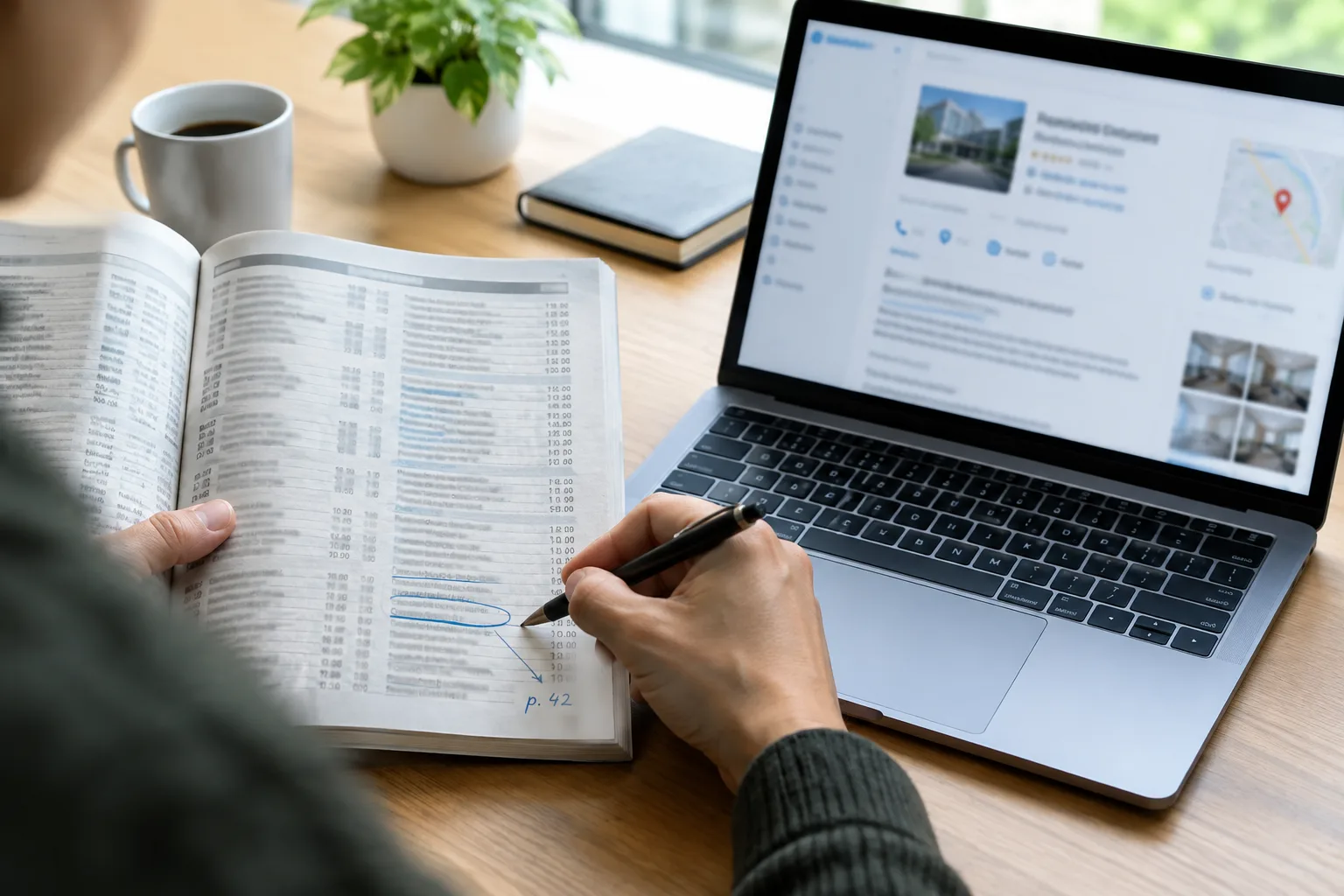 Une personne compare une fiche d’entreprise imprimée avec une page consultée sur un ordinateur.